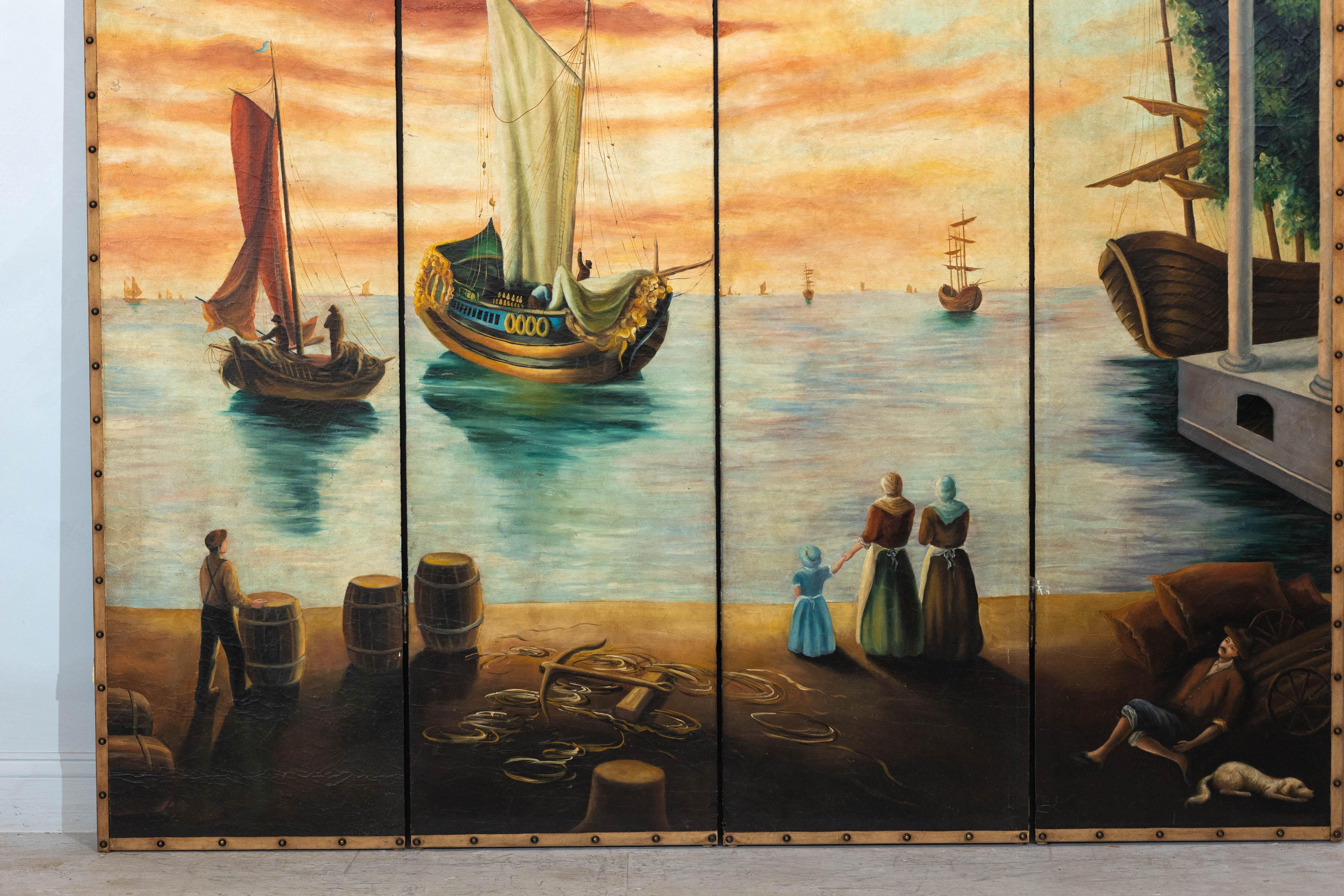 Vintage Venetian Scene Four-Panel Folding Screen with Nautical Motifs In Good Condition For Sale In Yonkers, NY