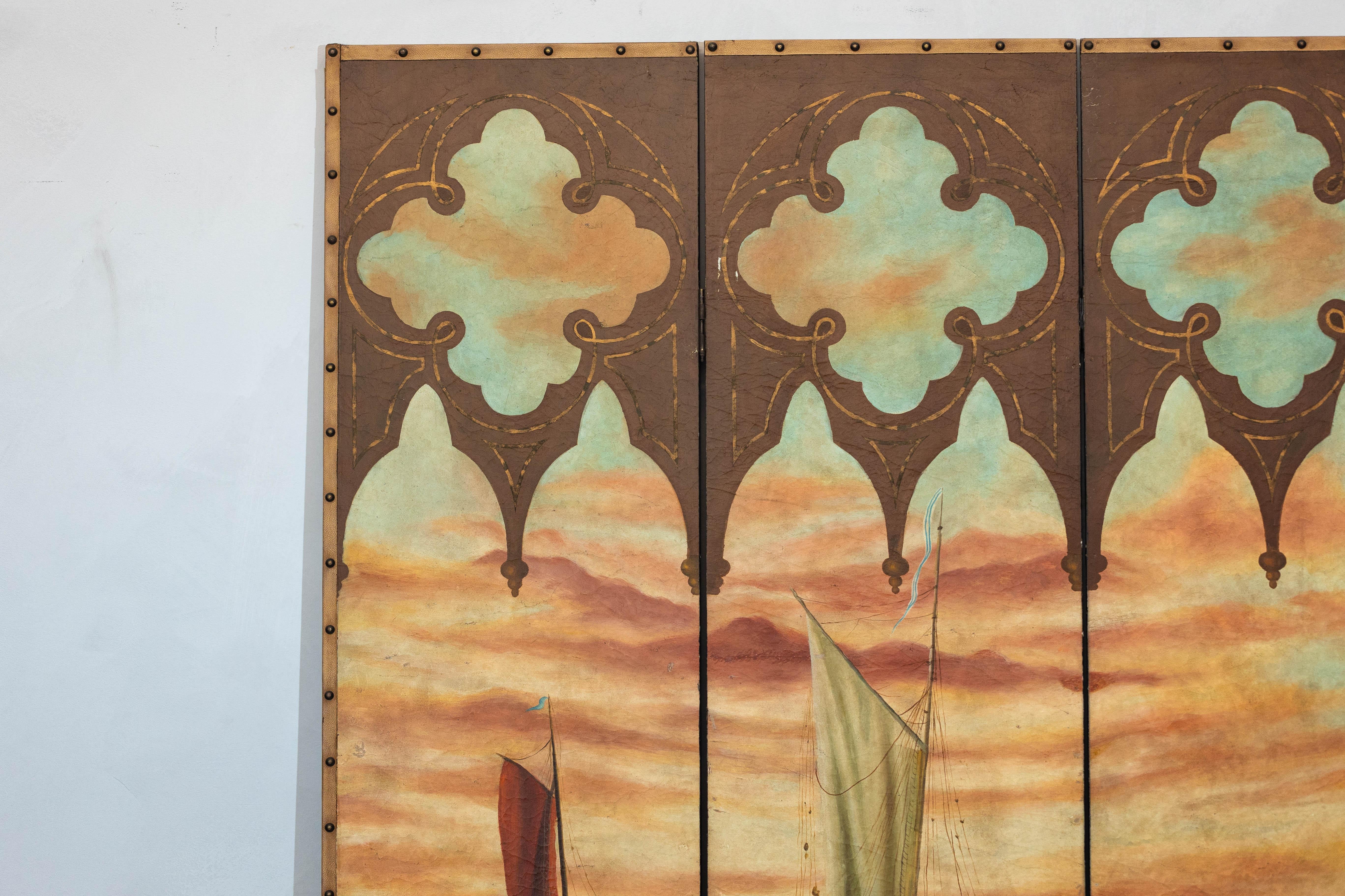 20th Century Vintage Venetian Scene Four-Panel Folding Screen with Nautical Motifs For Sale