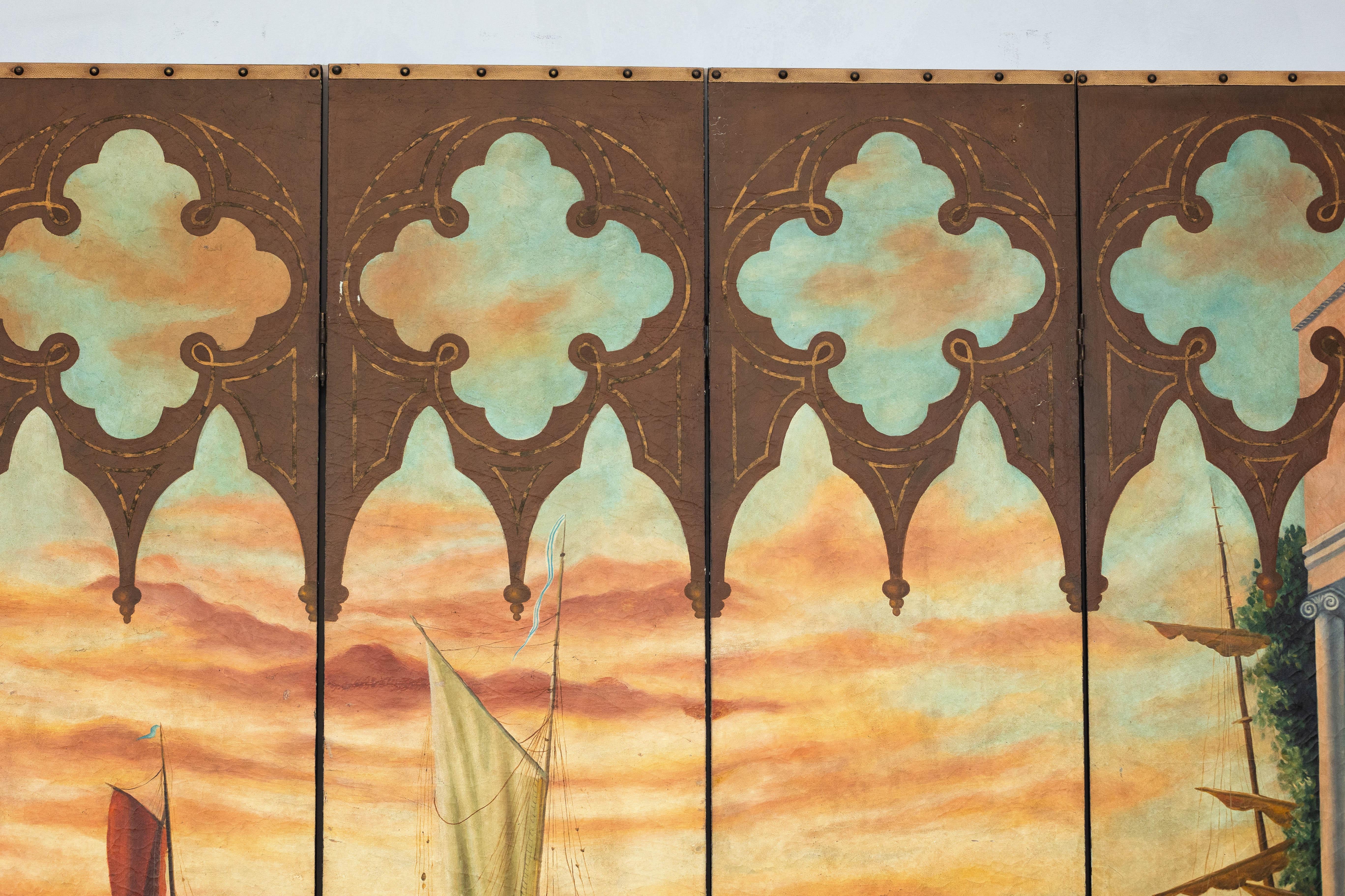 Wood Vintage Venetian Scene Four-Panel Folding Screen with Nautical Motifs For Sale