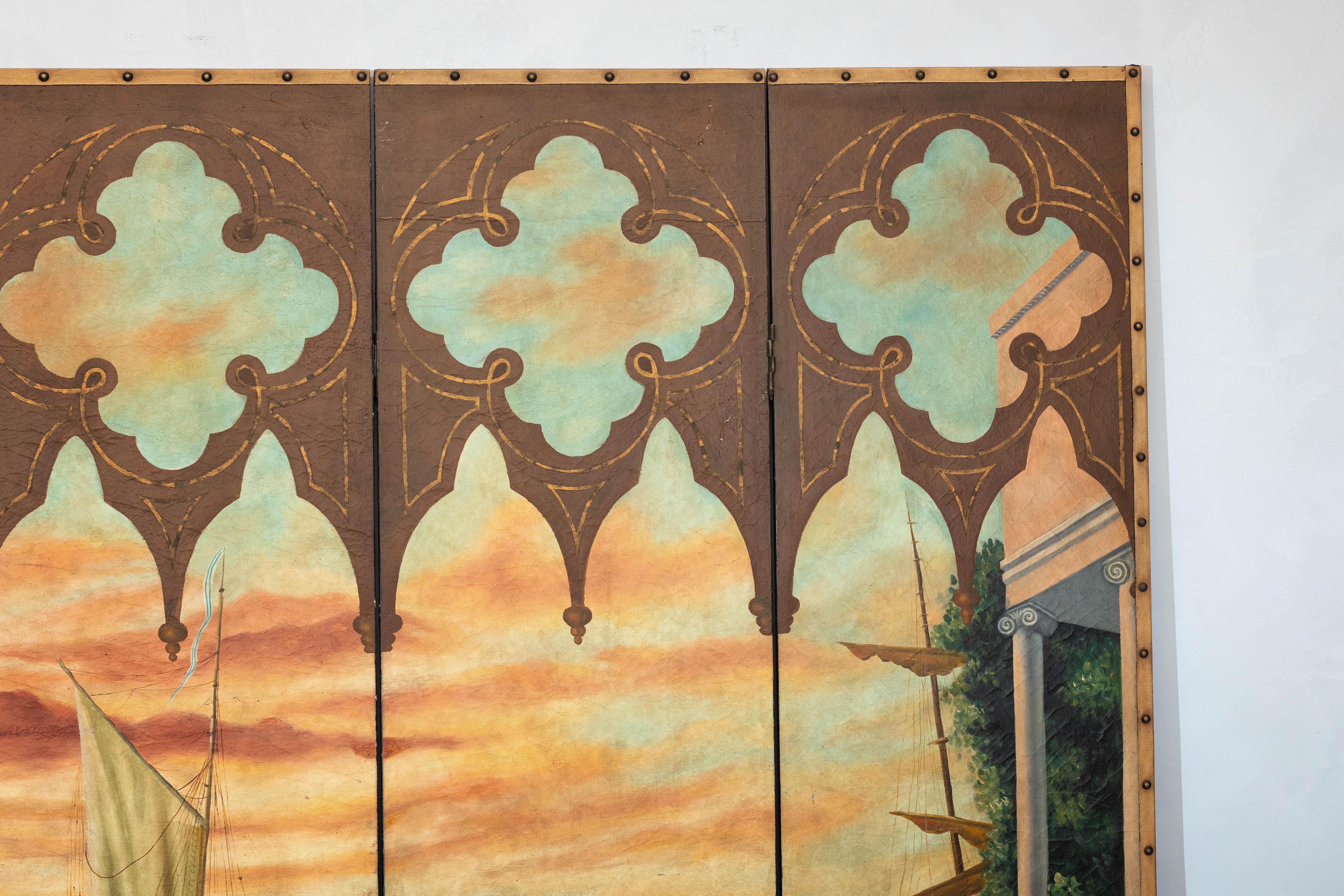 Vintage Venetian Scene Four-Panel Folding Screen with Nautical Motifs For Sale 1