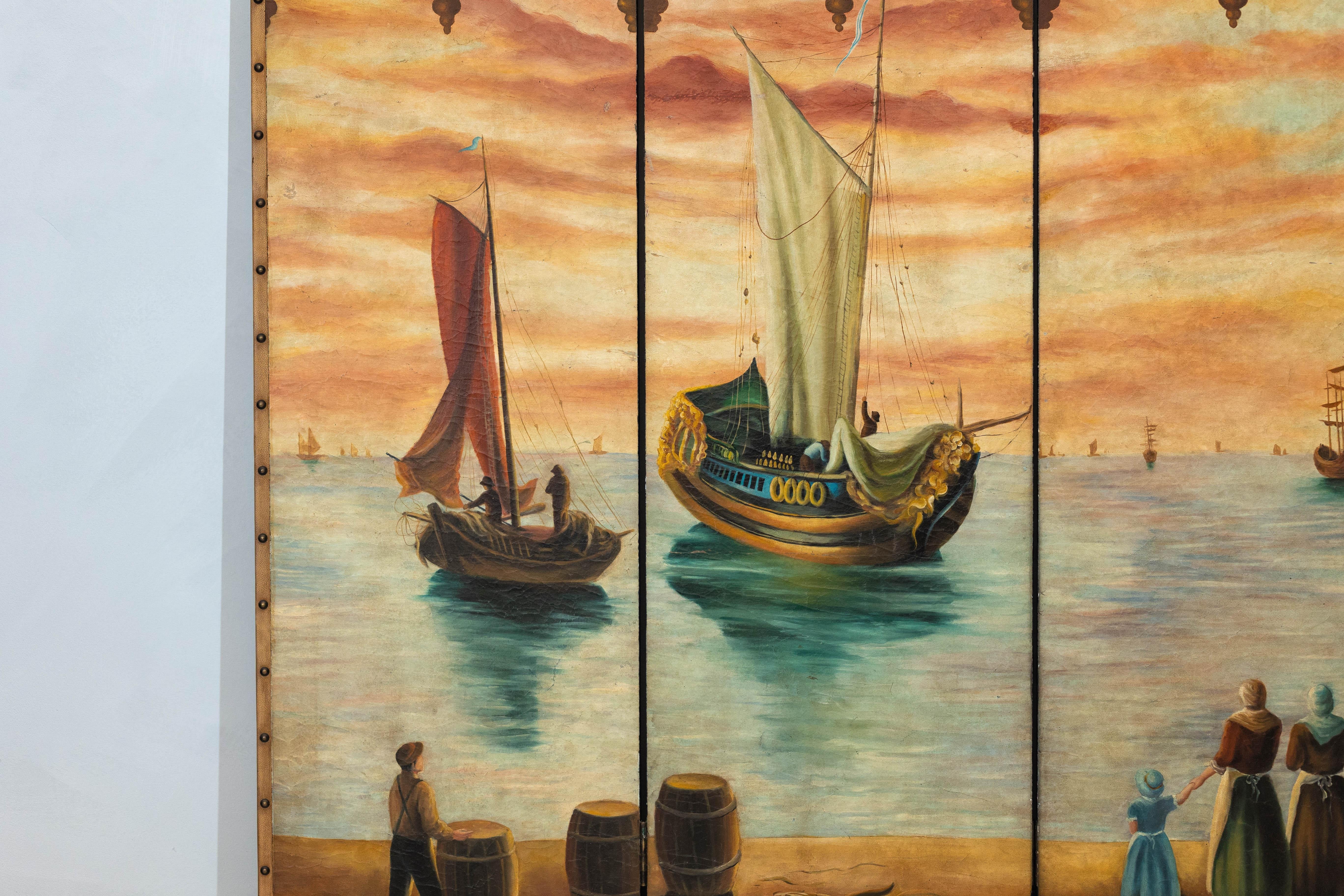 Vintage Venetian Scene Four-Panel Folding Screen with Nautical Motifs For Sale 2