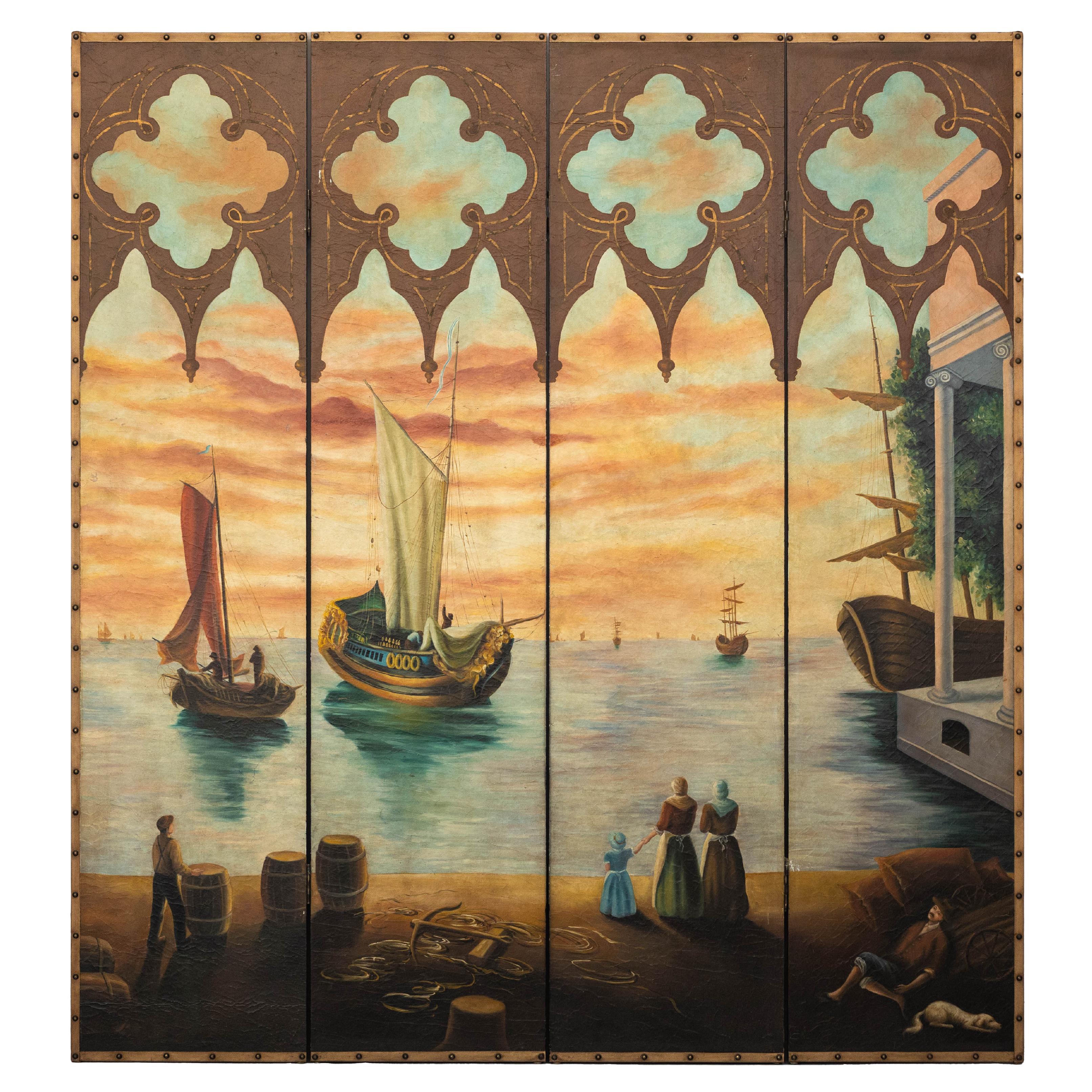 Vintage Venetian Scene Four-Panel Folding Screen with Nautical Motifs