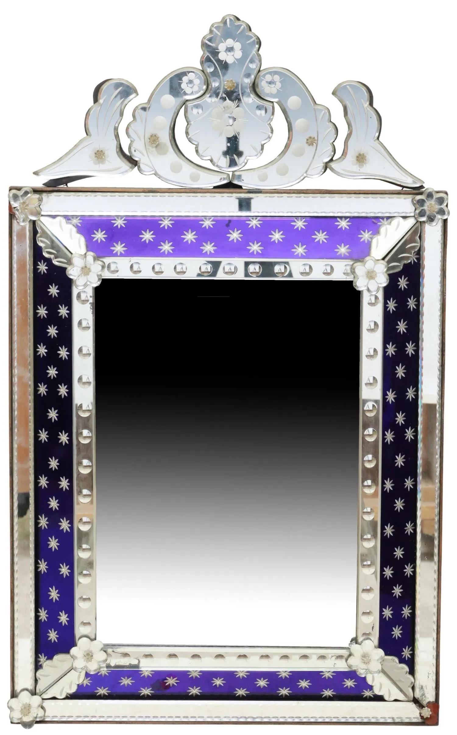 italien Vieux miroir de style vénitien à panneaux de verre cobalt en vente