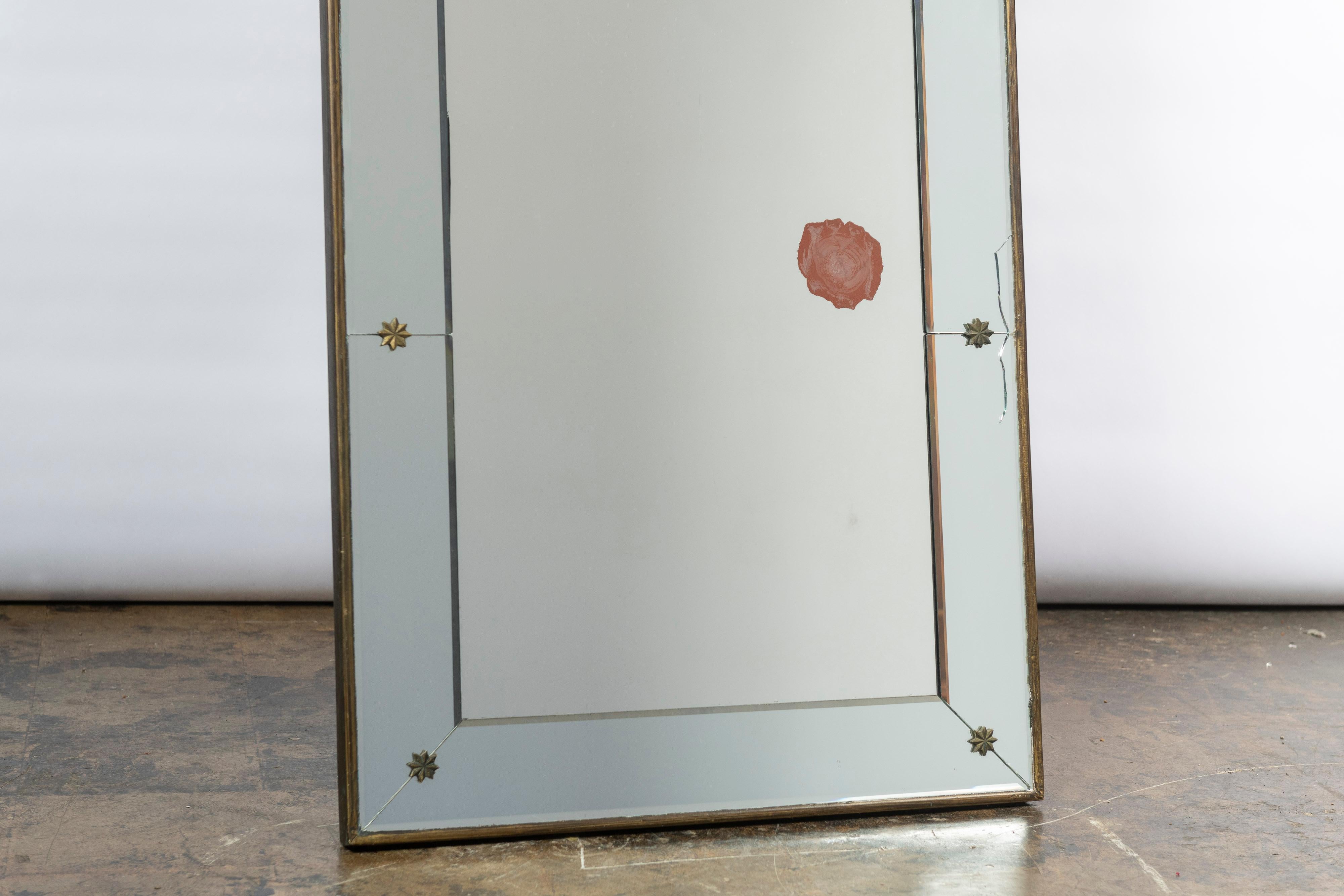 Vintage Venetian Style Mirror w/ Beveled Mirror Frame, Gilded Flowers & Edge In Fair Condition For Sale In San Francisco, CA