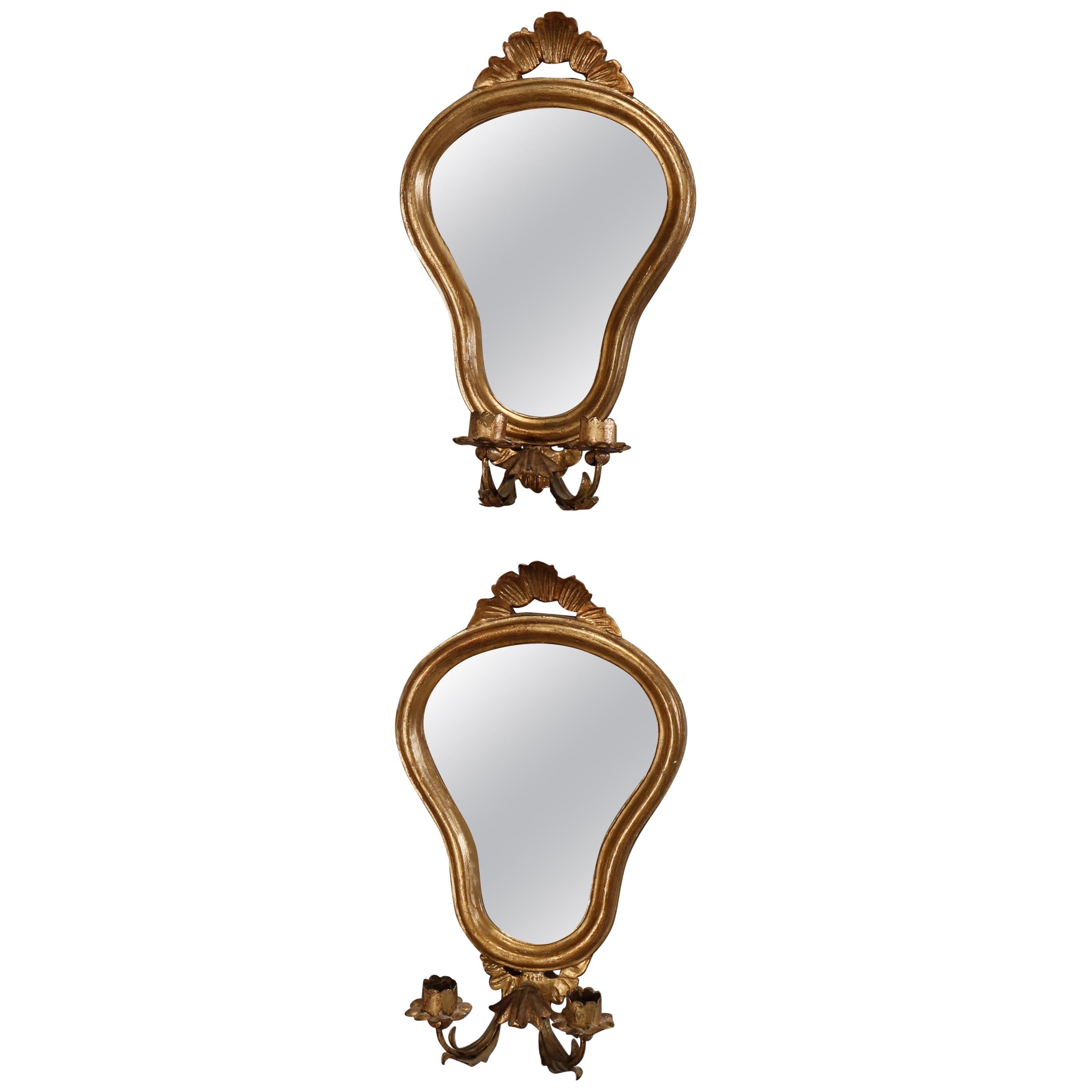 Vintage Venetian Style Mirrored Giltwood Candle Wall Sconces, 20th Century, Pair