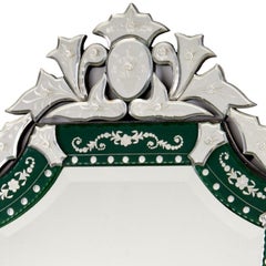 Vintage Venetian Style Shield-Form Etched and Green Glass Wall Mirror