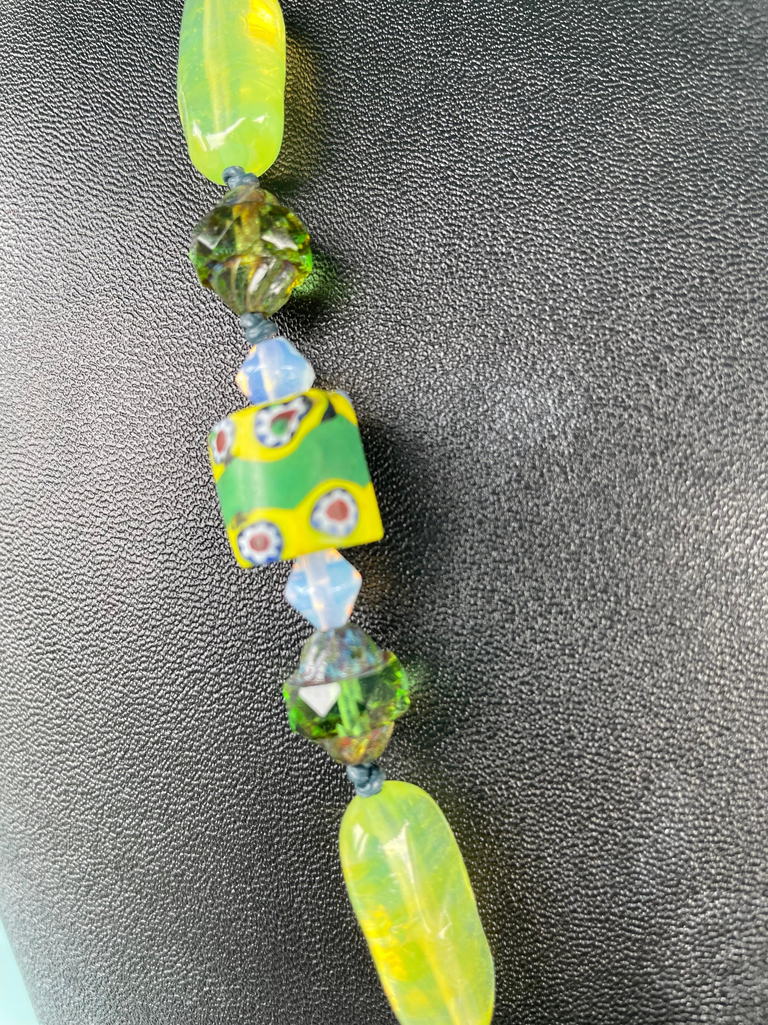 One of a kind,handmade,statement necklace is on offer from Lorraine’s Bijoux.
It consists of vintage Venetian glass trade beads,Vintage French opaline glass beads,
Vintage Czech crystal,malachite, and small glass spacer beads.A magnetic clasp is