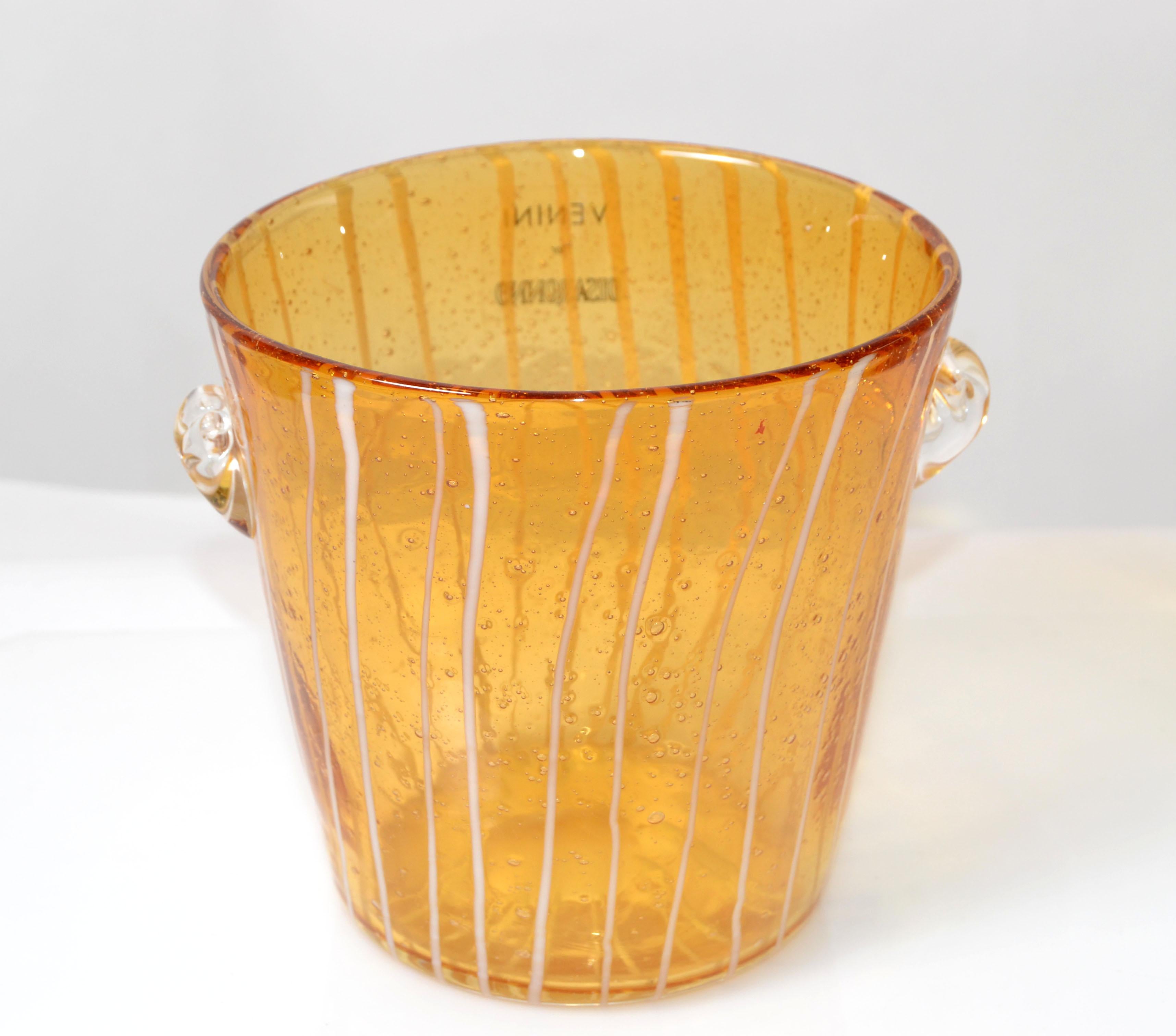 Vintage Venini Murano Amber, White & Clear Wine Cooler Ice Bucket Italy 1970 3