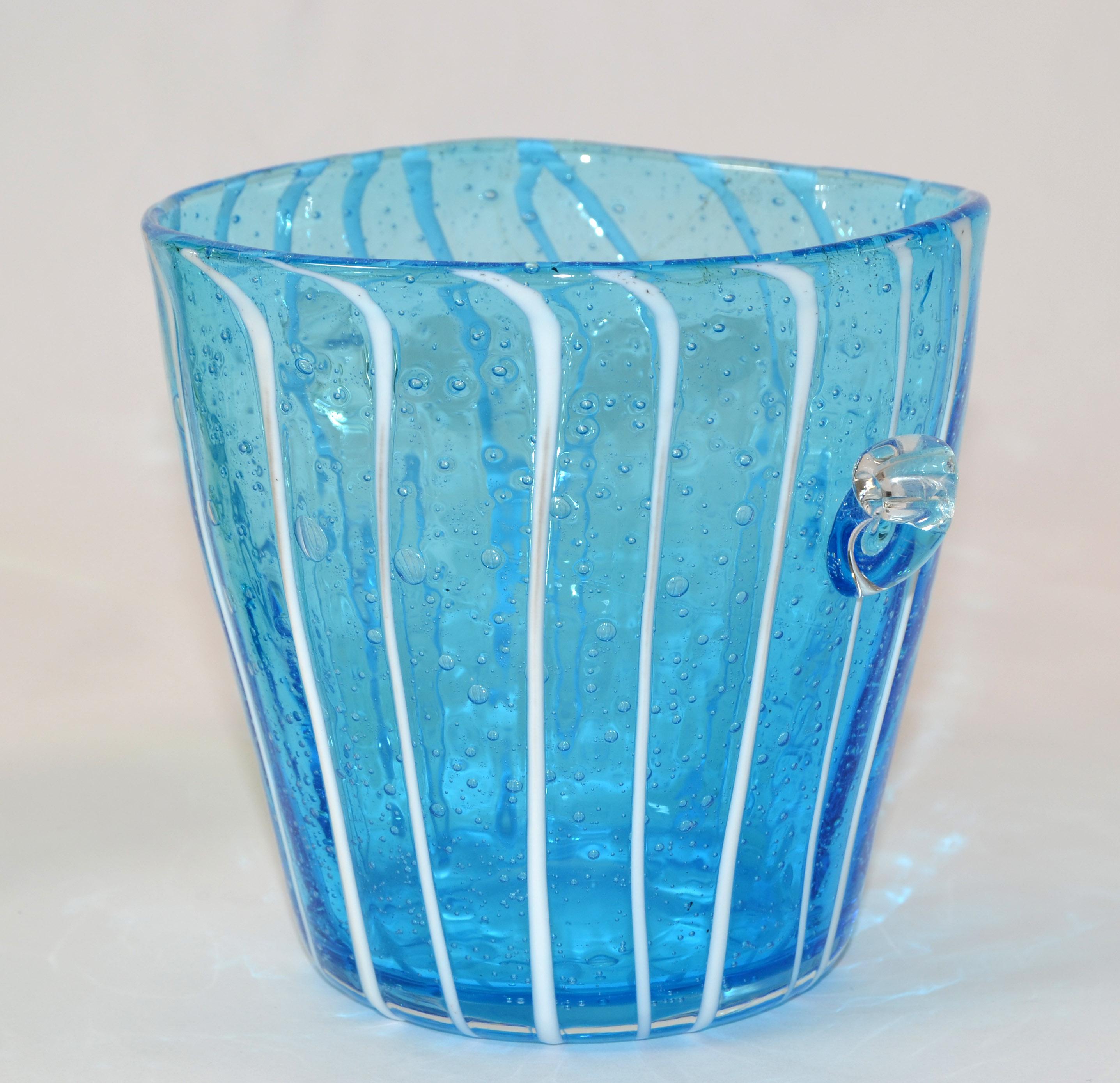 Mid-Century Modern Vintage Venini Murano Light Blue White & Clear Wine Cooler Ice Bucket Italy 1970 For Sale
