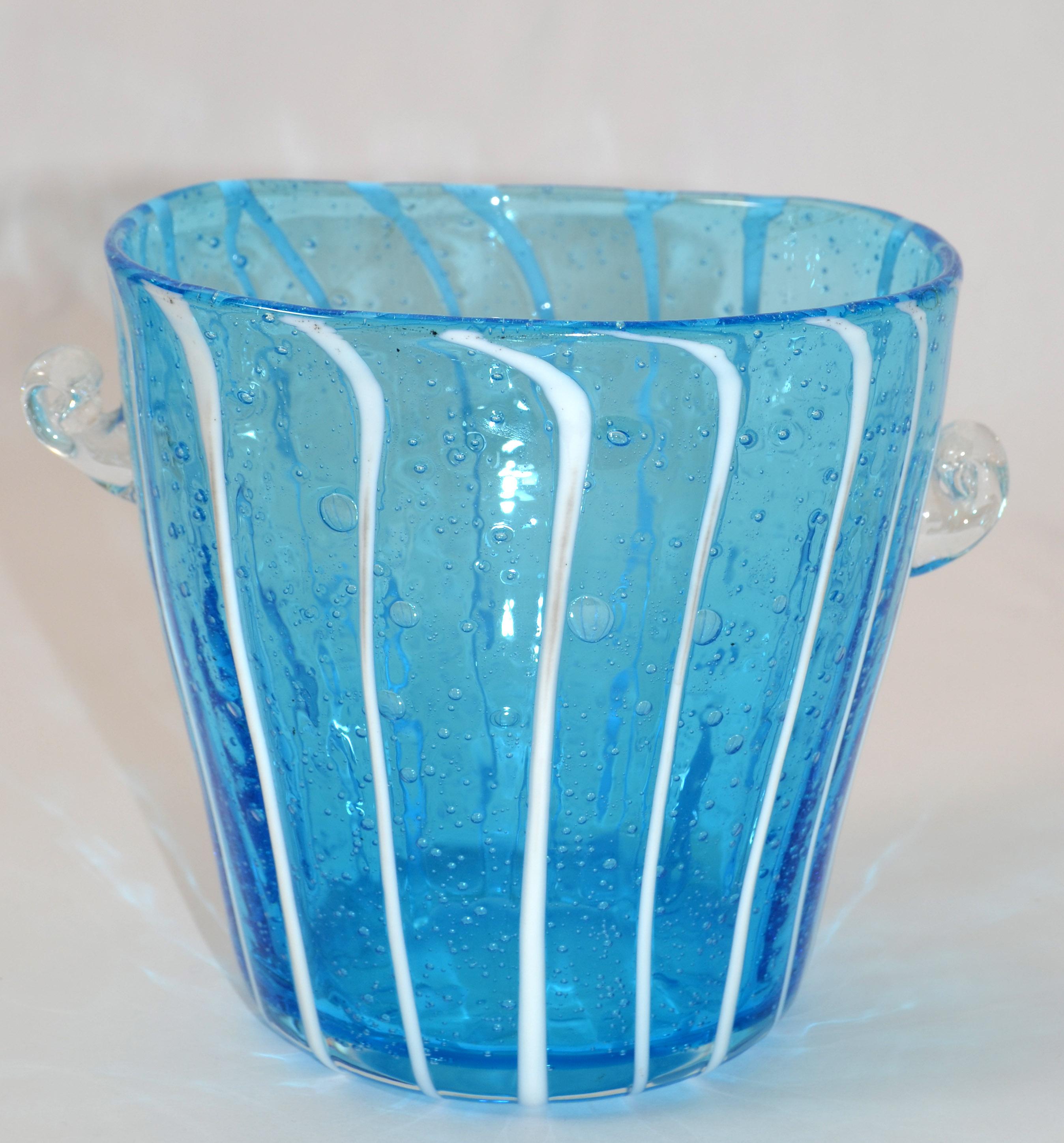Italian Vintage Venini Murano Light Blue White & Clear Wine Cooler Ice Bucket Italy 1970 For Sale