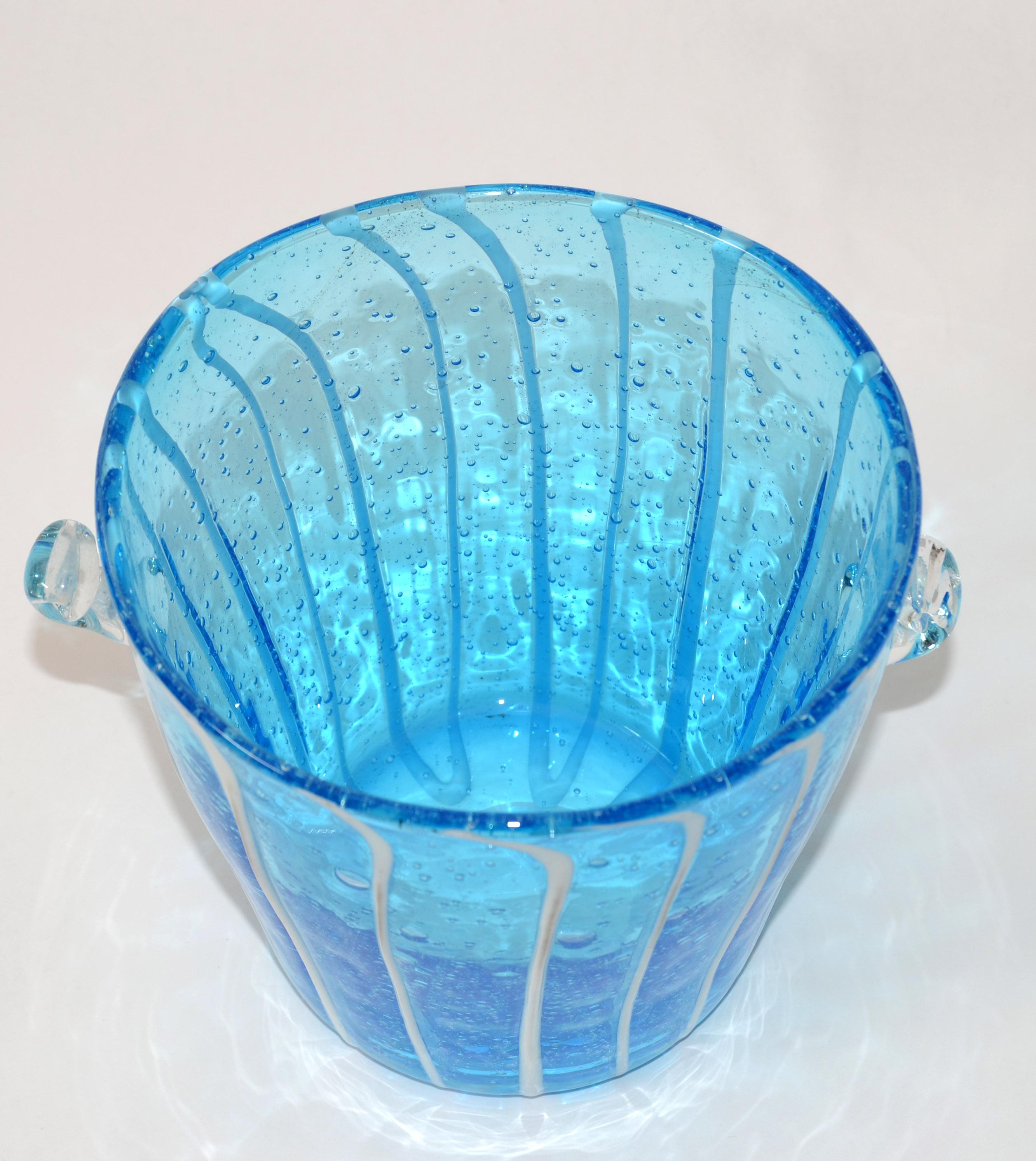 Hand-Crafted Vintage Venini Murano Light Blue White & Clear Wine Cooler Ice Bucket Italy 1970 For Sale