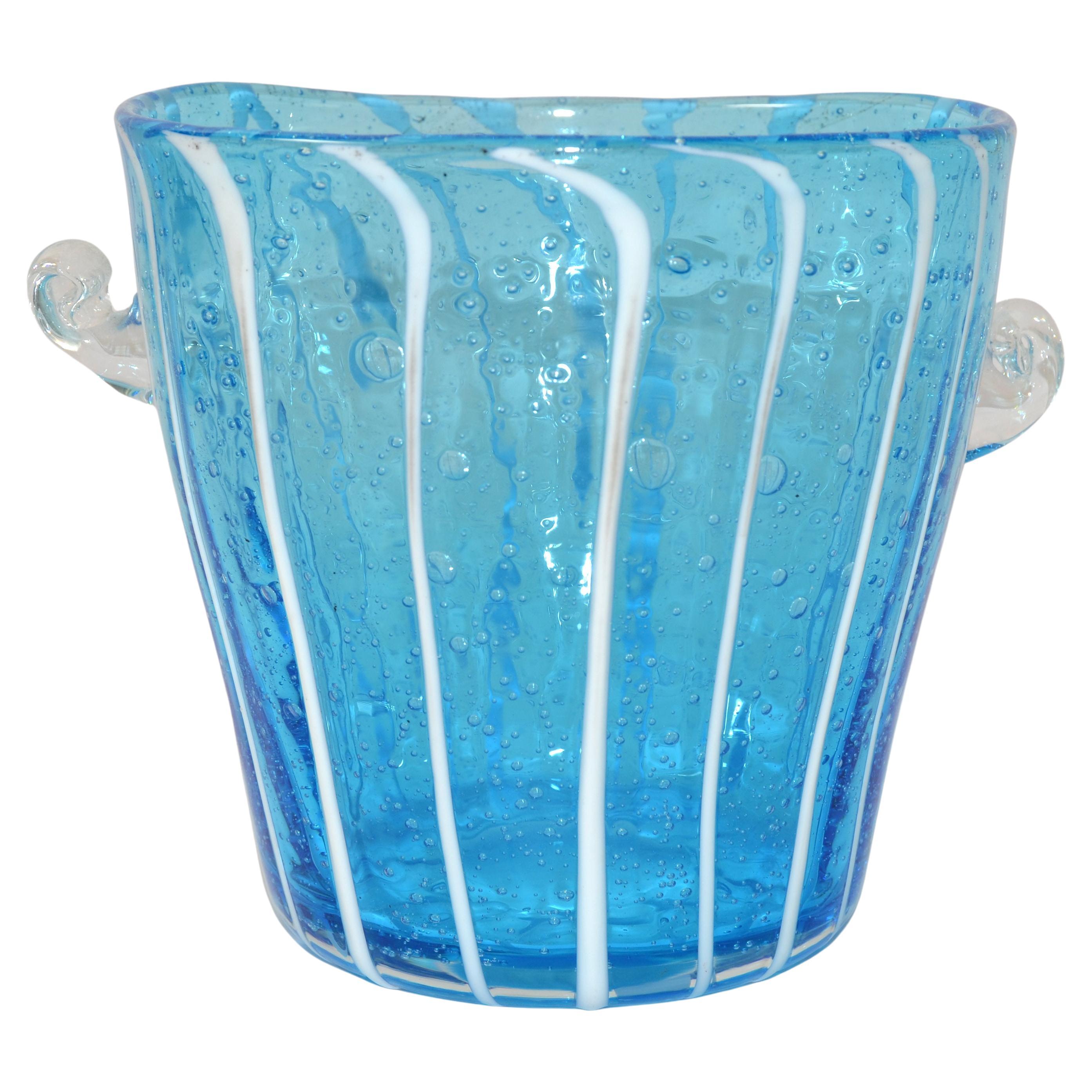 Vintage Venini Murano Light Blue White & Clear Wine Cooler Ice Bucket Italy 1970 For Sale