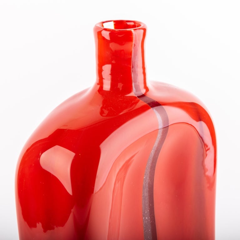 Vintage Venini Murano Red Bottle Mouth Blown Glass Vase by Toni