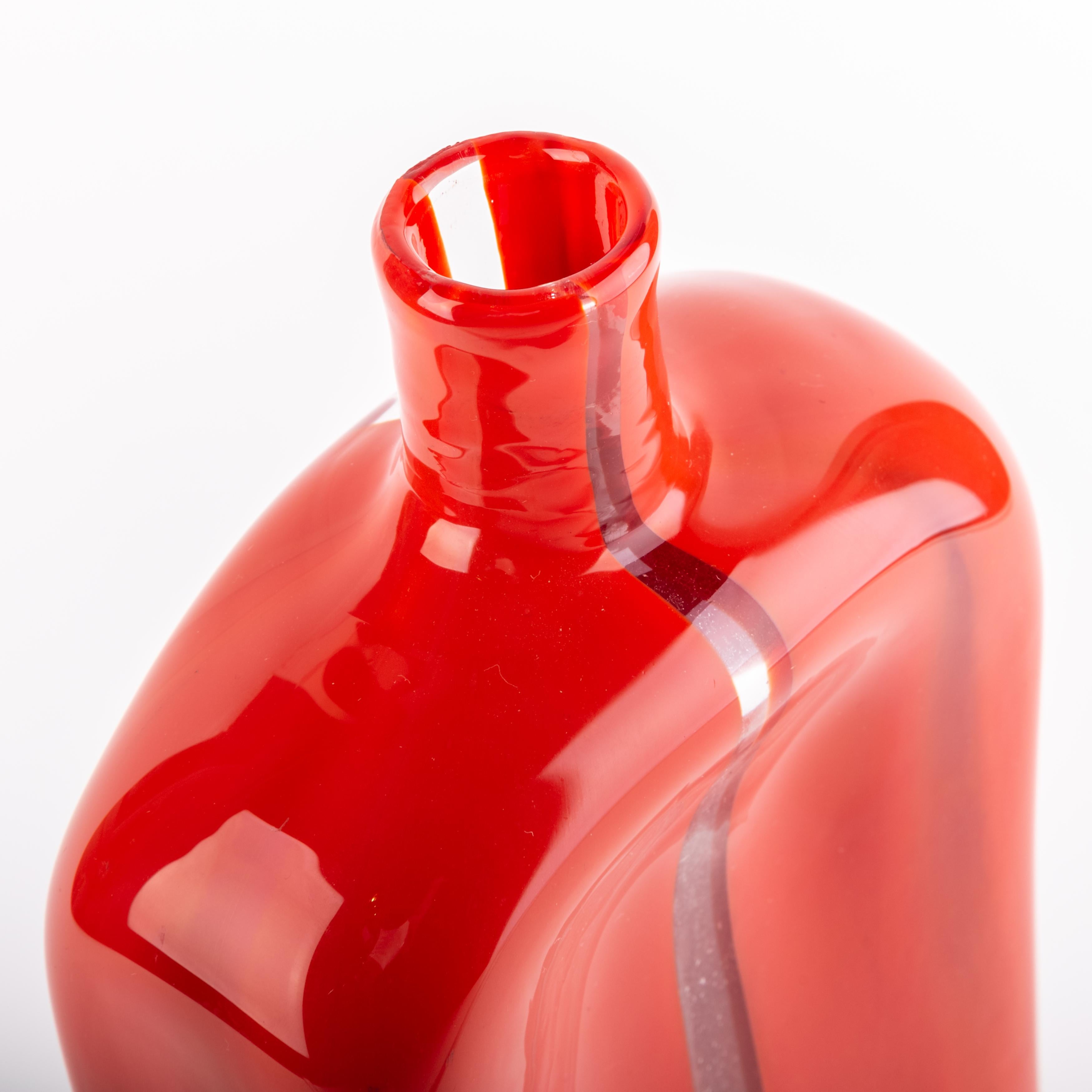 Italian Vintage Venini Murano Red Bottle Mouth Blown Glass Vase by Toni Zuccheri