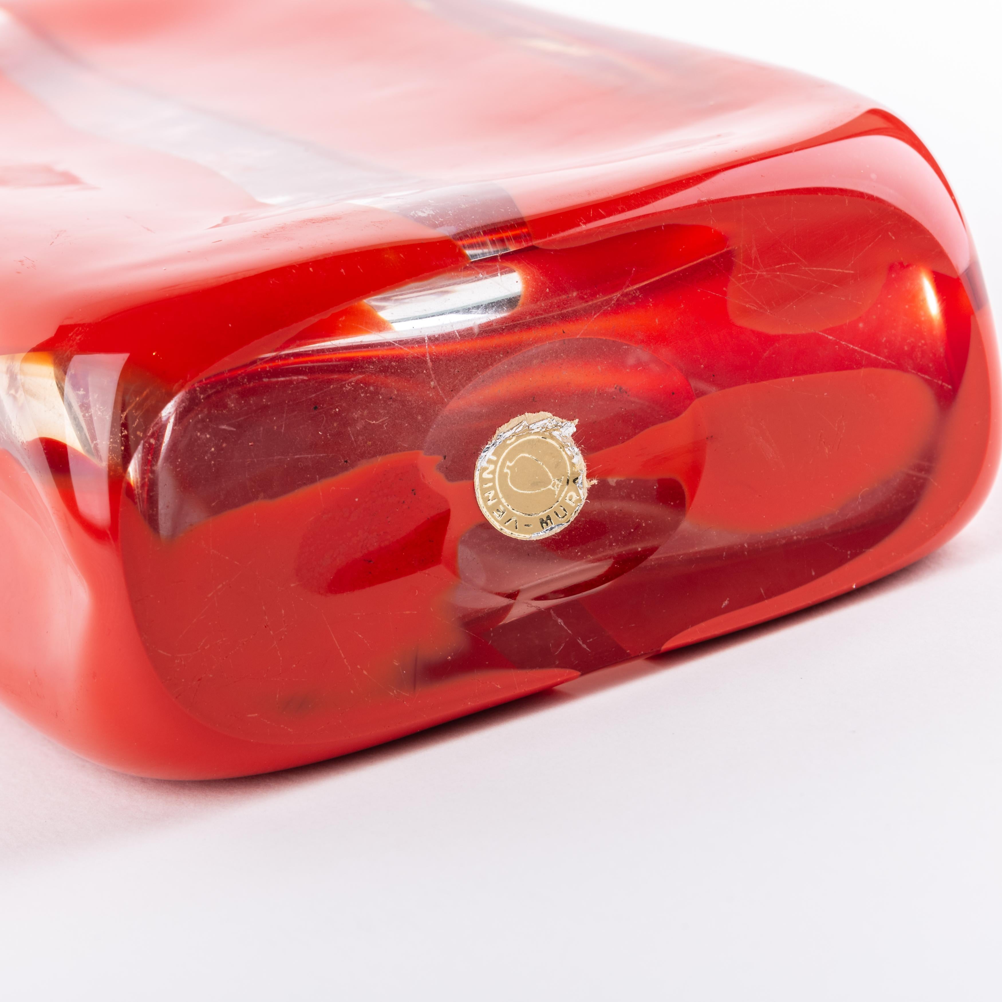 Art Glass Vintage Venini Murano Red Bottle Mouth Blown Glass Vase by Toni Zuccheri