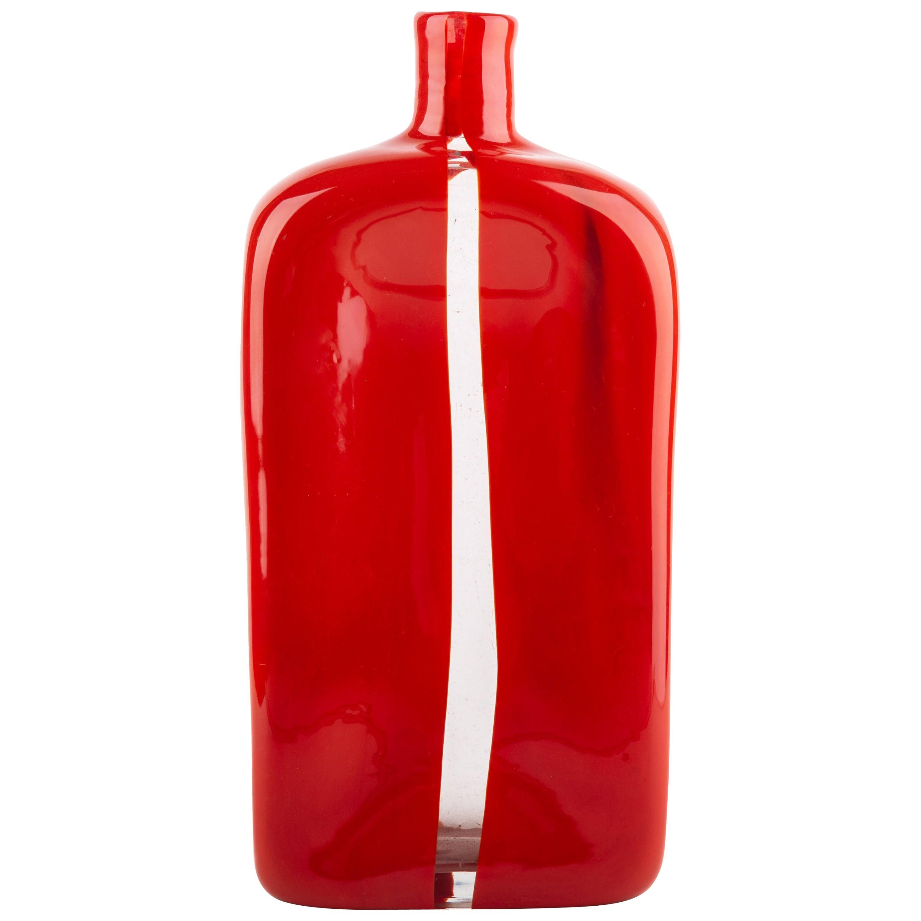 Vintage Venini Murano Red Bottle Mouth Blown Glass Vase by Toni Zuccheri
