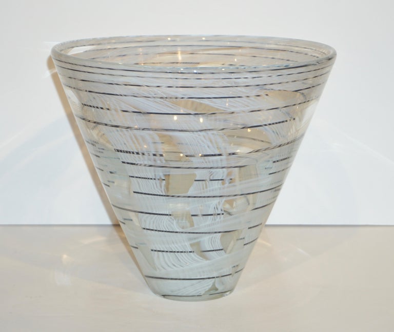 Vintage Venini Pair of Crystal Murano Glass Vases with Black and White