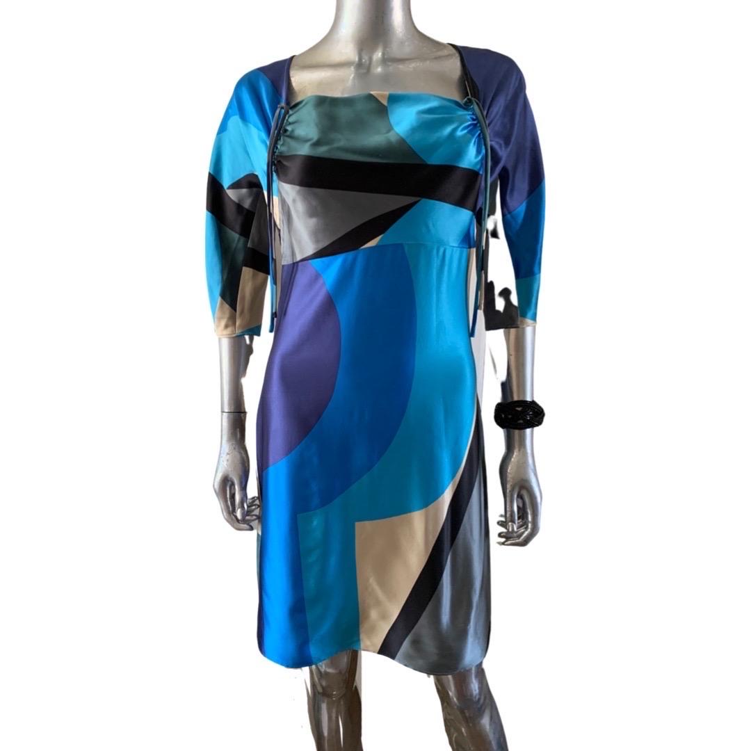 Blue Vintage Vera Silk Charmeuse Modern Scarf Print Dress by Vera Neumann Size 4 For Sale