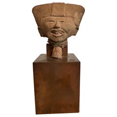 Vintage Veracruz Figur Kopf auf Wood Base Pre-Columbian Kunst