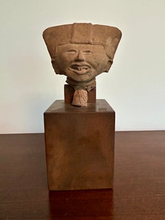 Vintage Veracruz Figur Kopf auf Wood Base Pre-Columbian Kunst