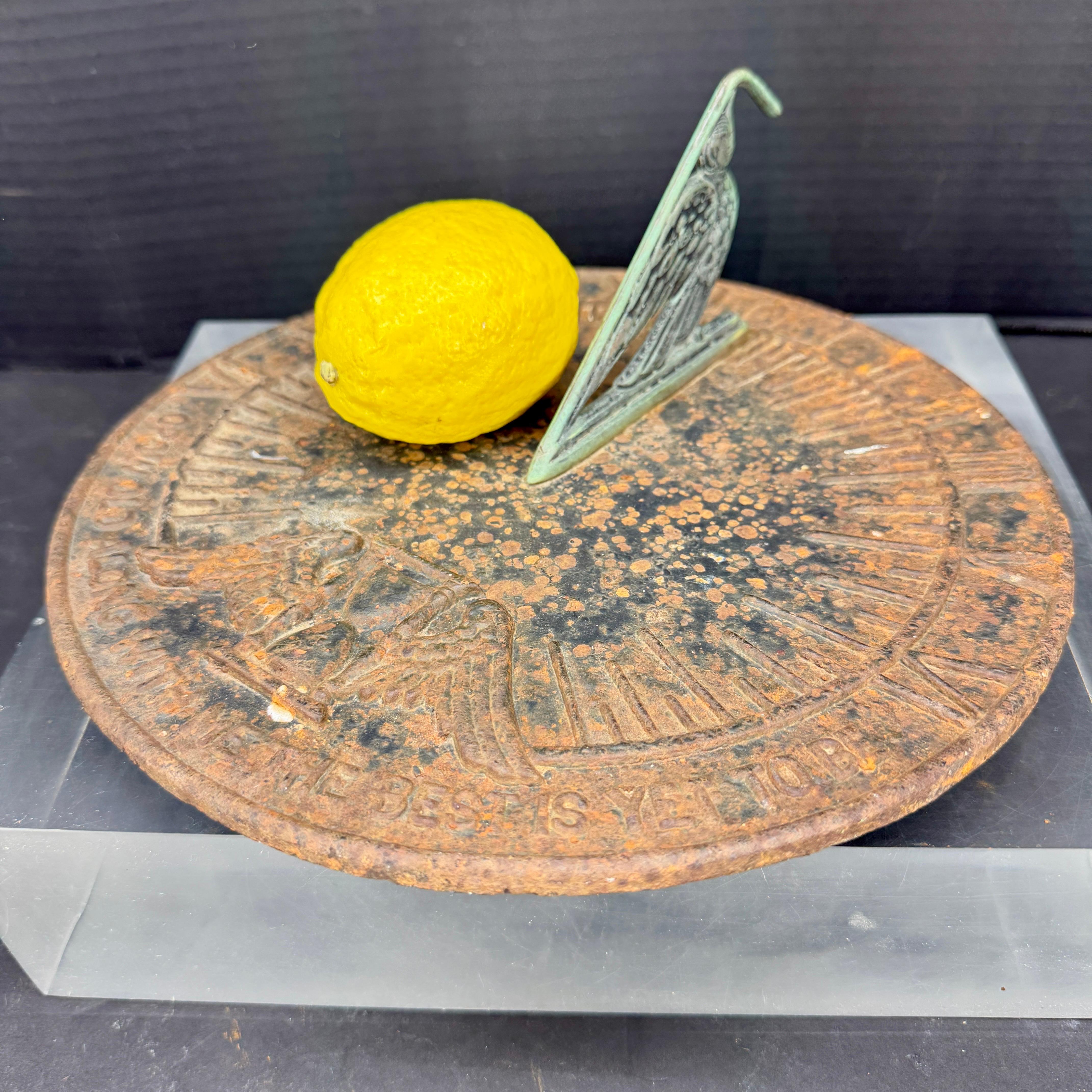 Charming best describes this lovely iron garden sundial. This piece has a beautiful verdigris finish with the quote, “Grow old along with me. The best is yet to be.” Can be used indoors or out. Would be a great addition to on a coffee or console