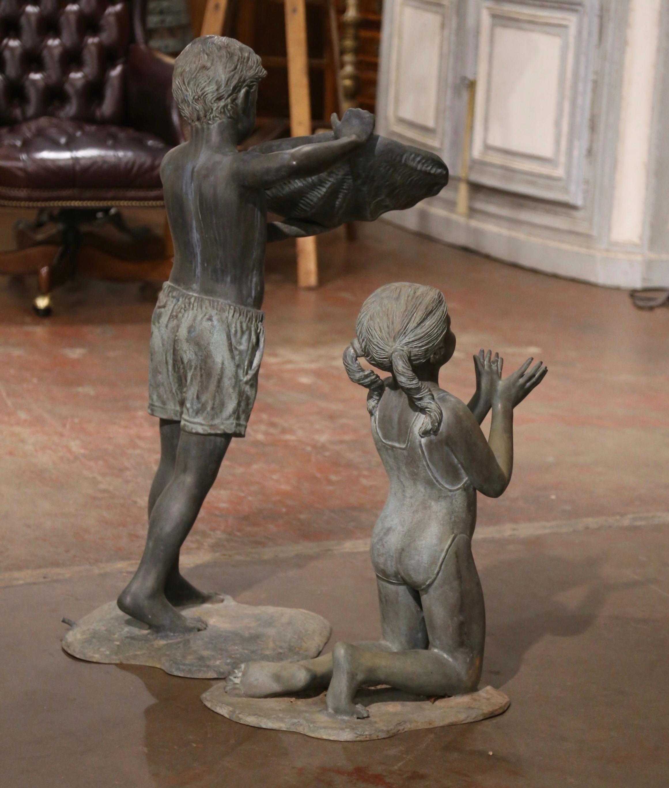 Vintage Verdigris Bronze Boy & Girl Water Fountain Sculpture Signed Vernon Geyco For Sale 5