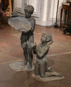 Vintage Verdigris Bronze Boy & Girl Water Fountain Sculpture Signed Vernon Geyco