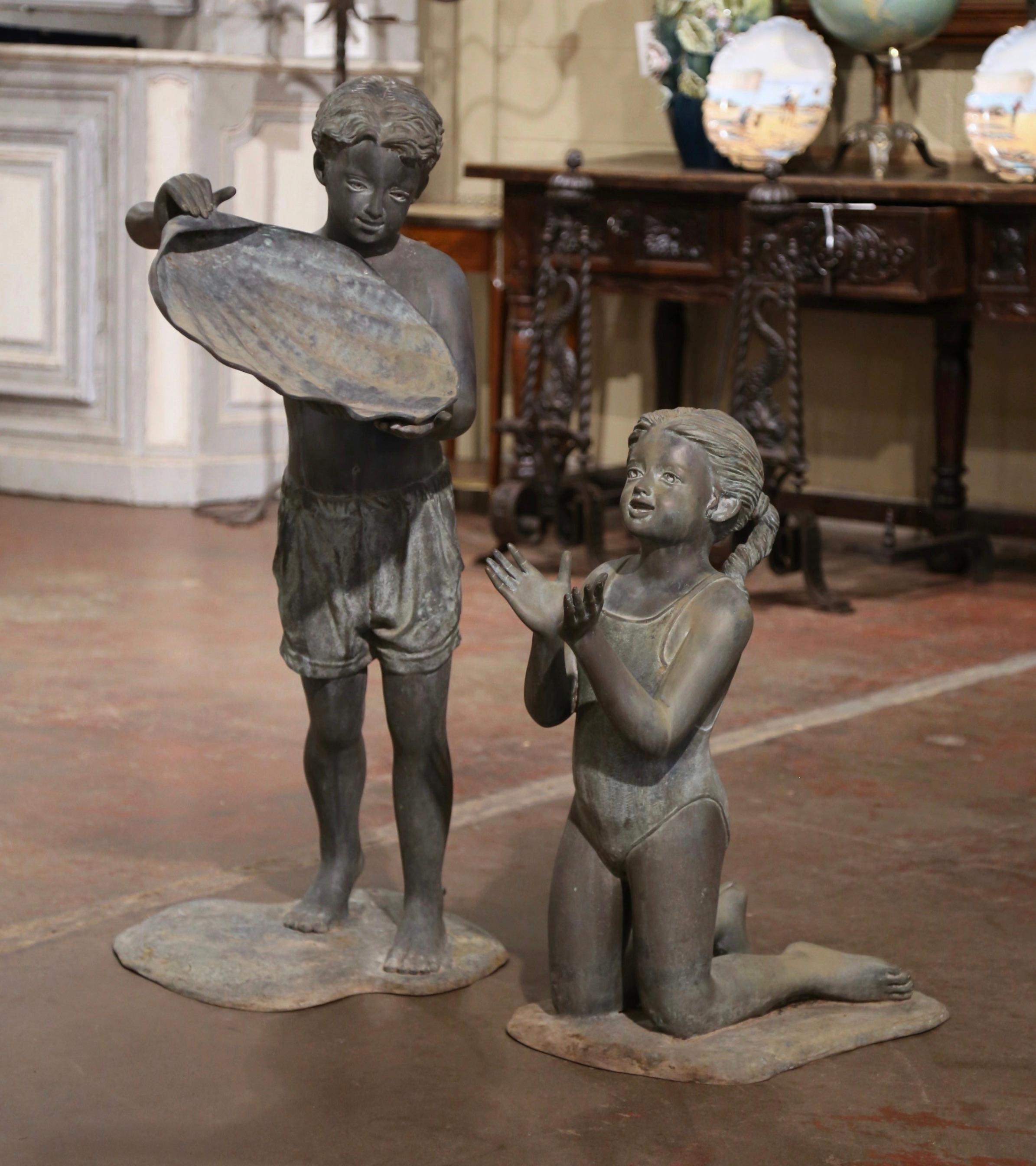 Vintage Verdigris Bronze-Wasserbrunnen-Skulptur für Jungen und Mädchen, signiert Vernon Geyco, Vintage im Zustand „Hervorragend“ im Angebot in Dallas, TX