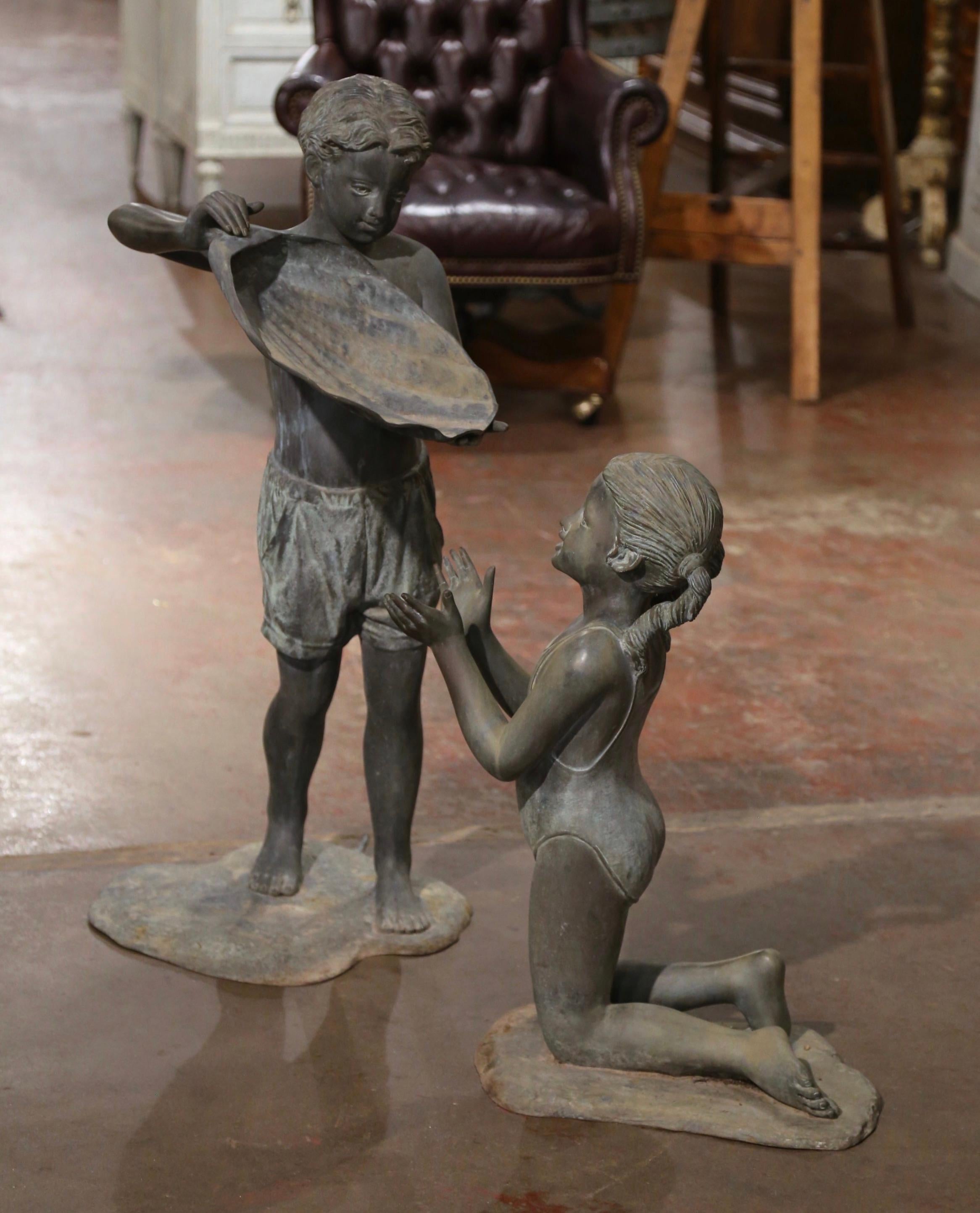 Vintage Verdigris Bronze Boy & Girl Water Fountain Sculpture Signed Vernon Geyco For Sale 3