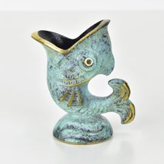 Vintage Verdigris Bronze Fish Toothpick Holder, Mid-Century Walter Bosse Style