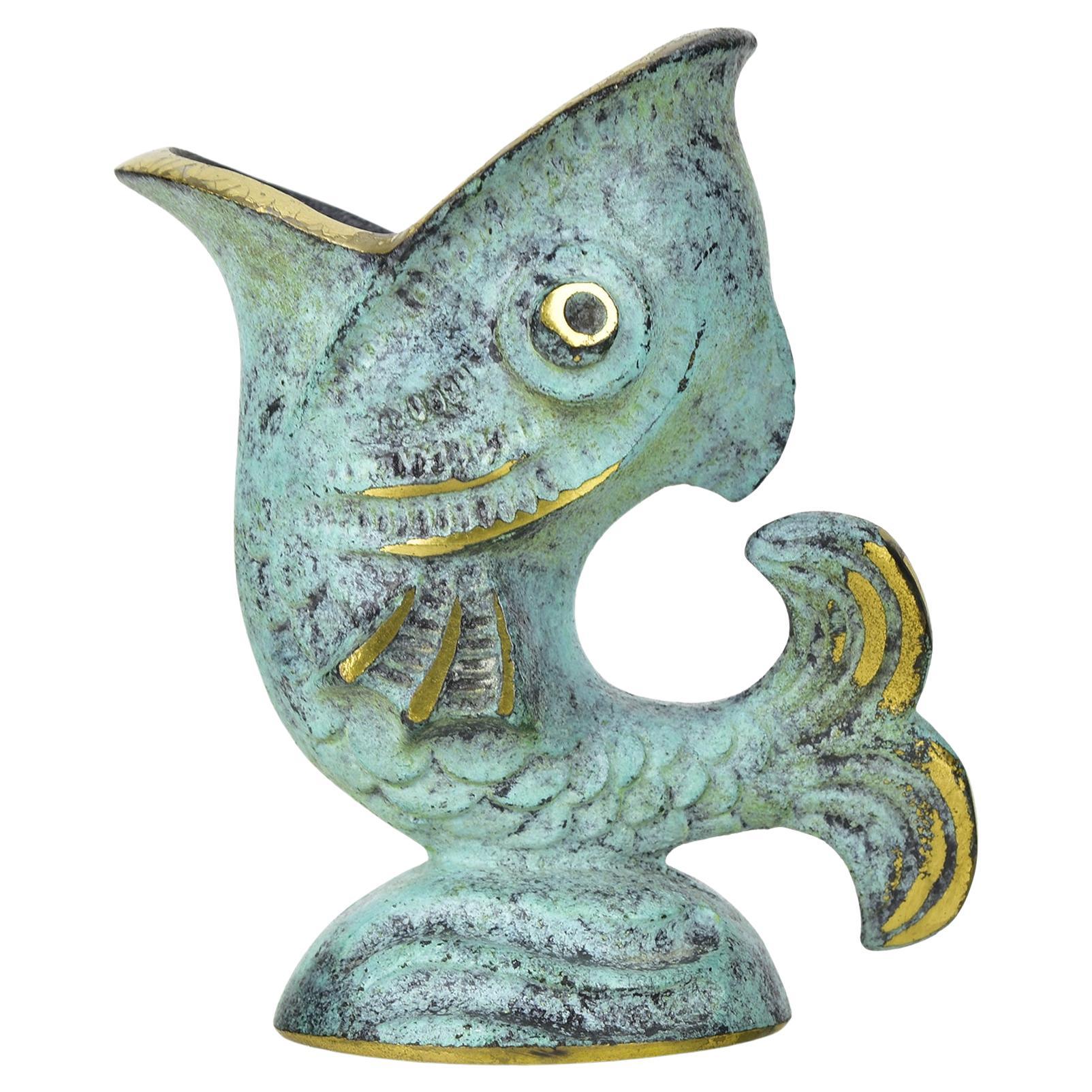 Vintage Verdigris Bronze Fish Toothpick Holder, Mid-Century Walter Bosse Style