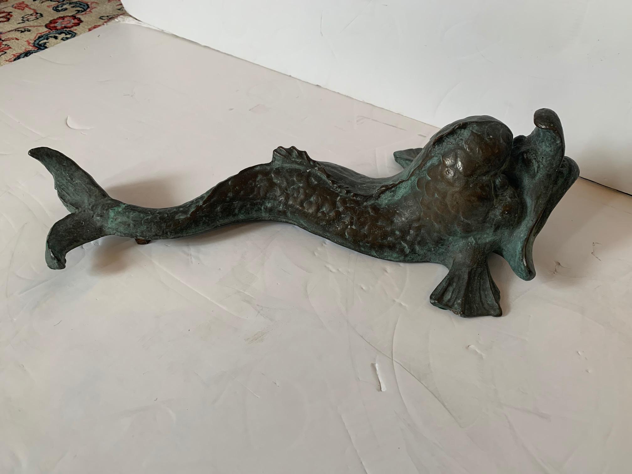 Neoclassical Vintage Verdigris Bronze Stylized Dolphin Sculpture