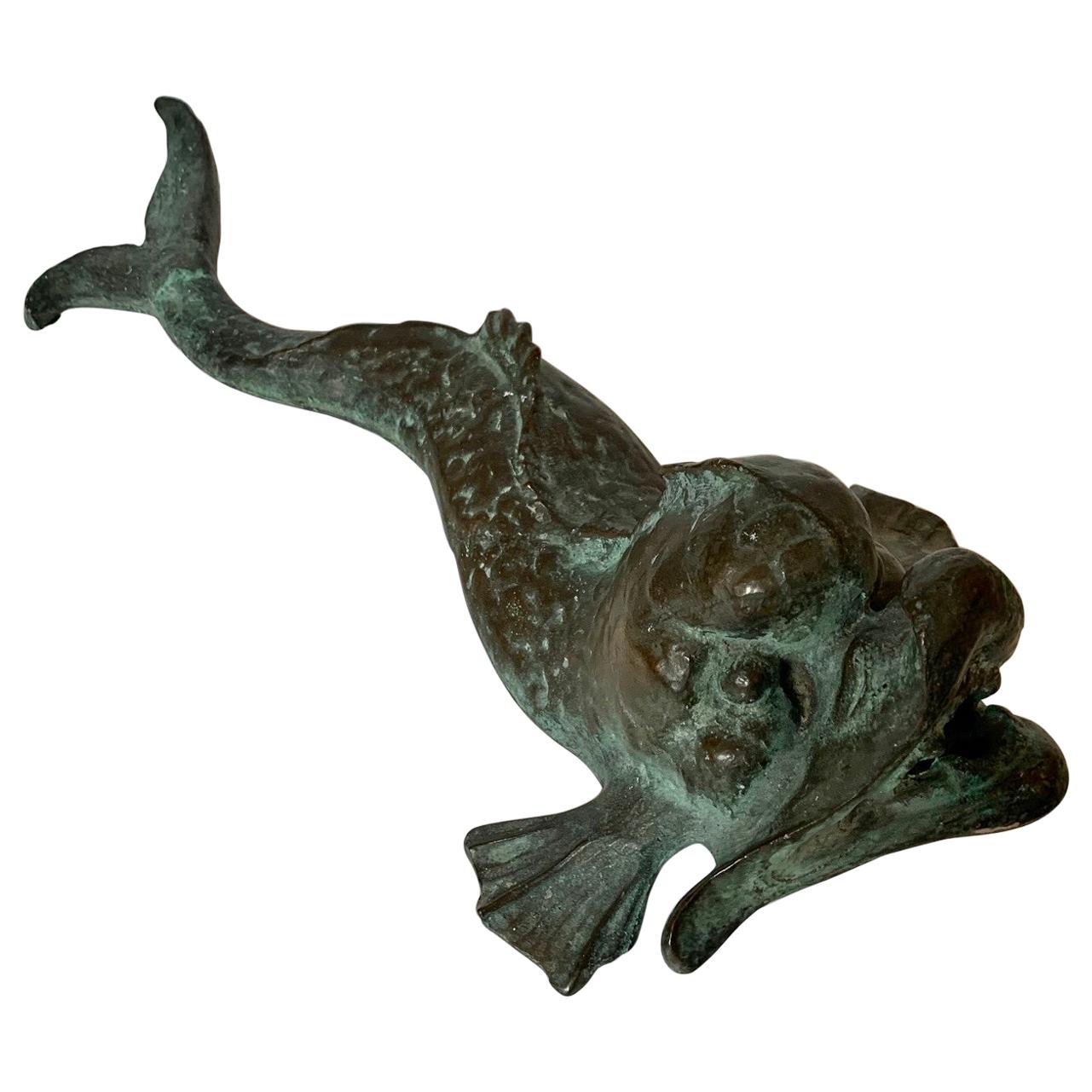Vintage Verdigris Bronze Stylized Dolphin Sculpture