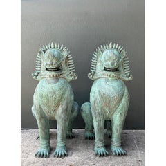 Vintage Verdigris Bronze Temple Lions - A Pair