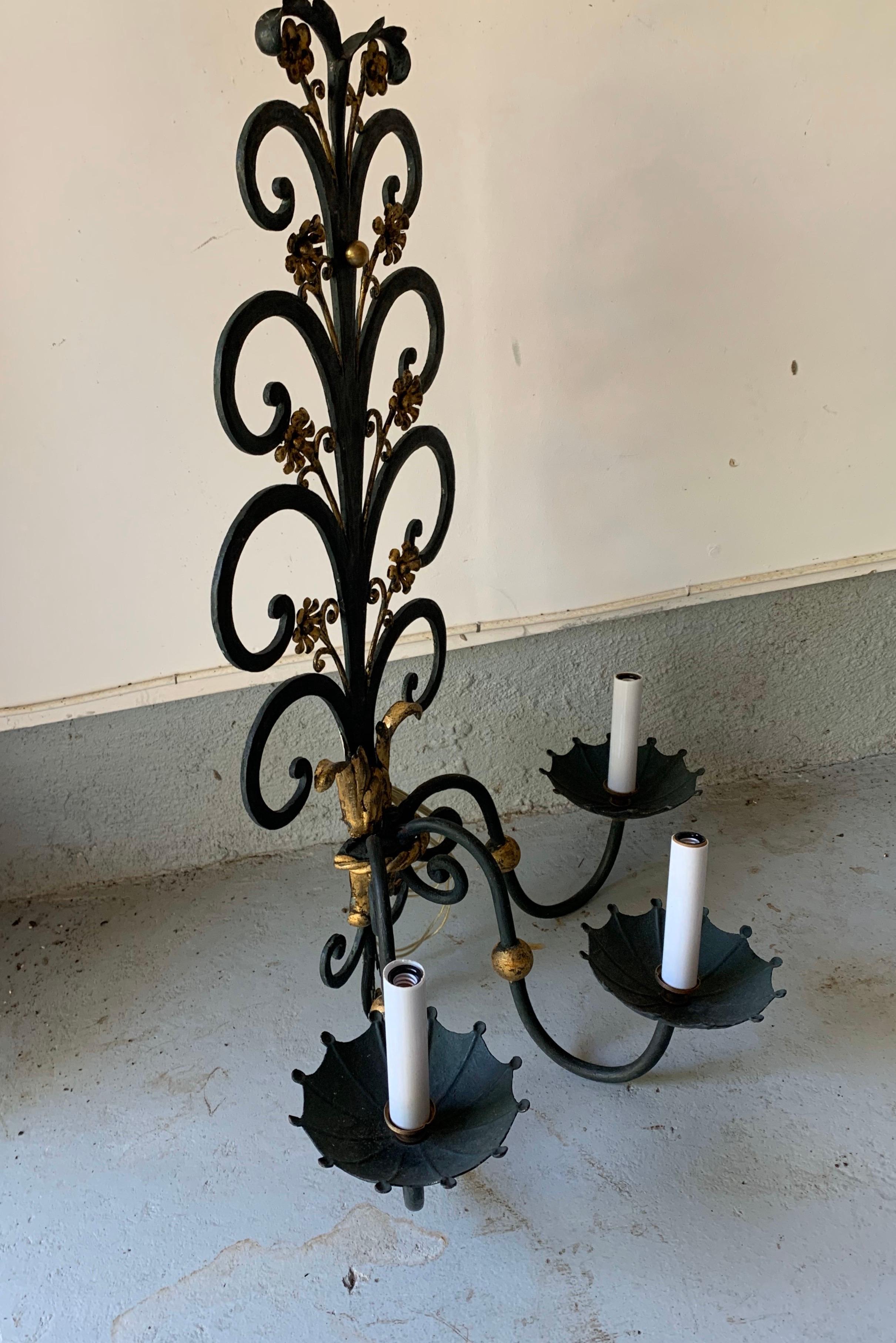 Unknown Vintage Verdigris and Gilt Metal Florette 3-Arm Sconces, a Pair For Sale