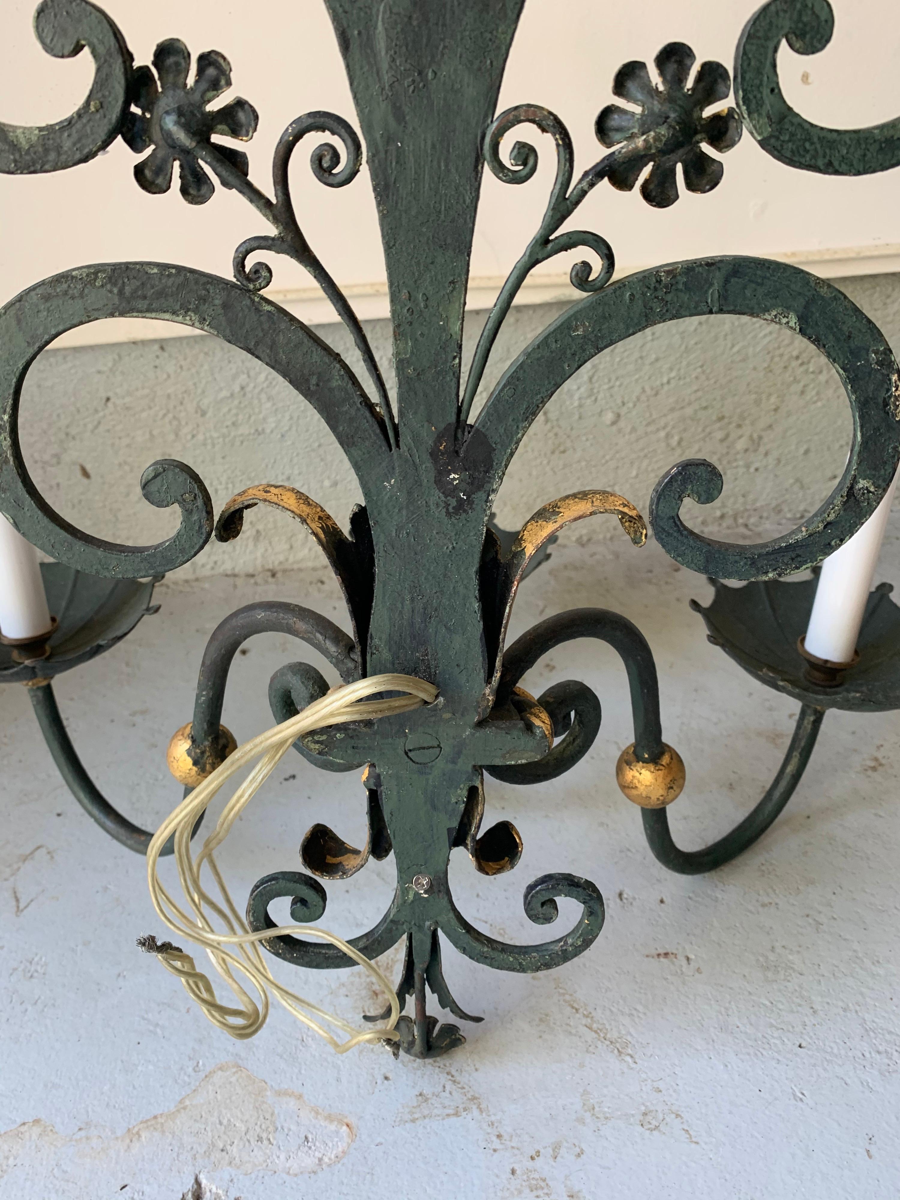 Vintage Verdigris and Gilt Metal Florette 3-Arm Sconces, a Pair For Sale 2