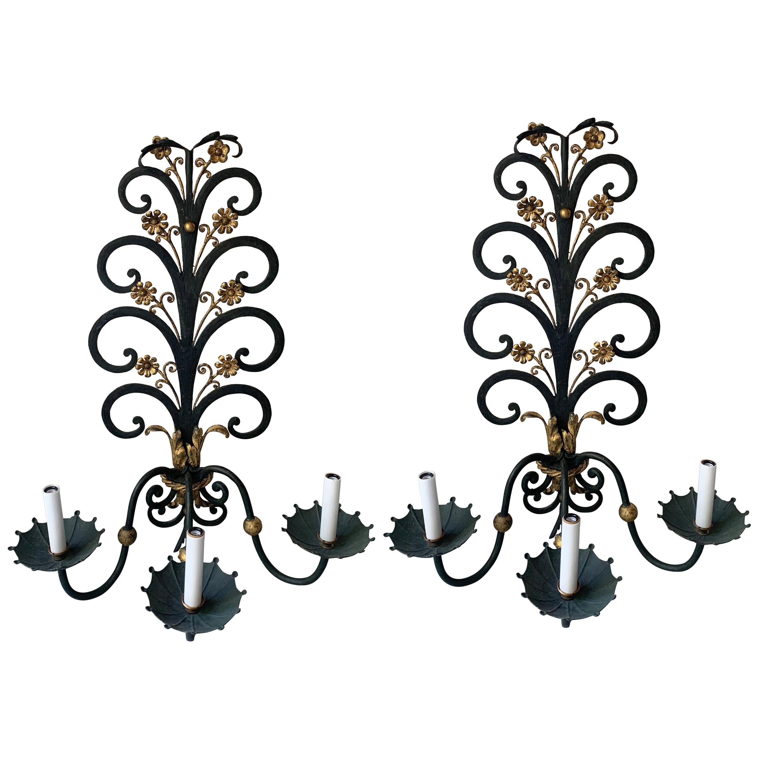 Vintage Verdigris and Gilt Metal Florette 3-Arm Sconces, a Pair