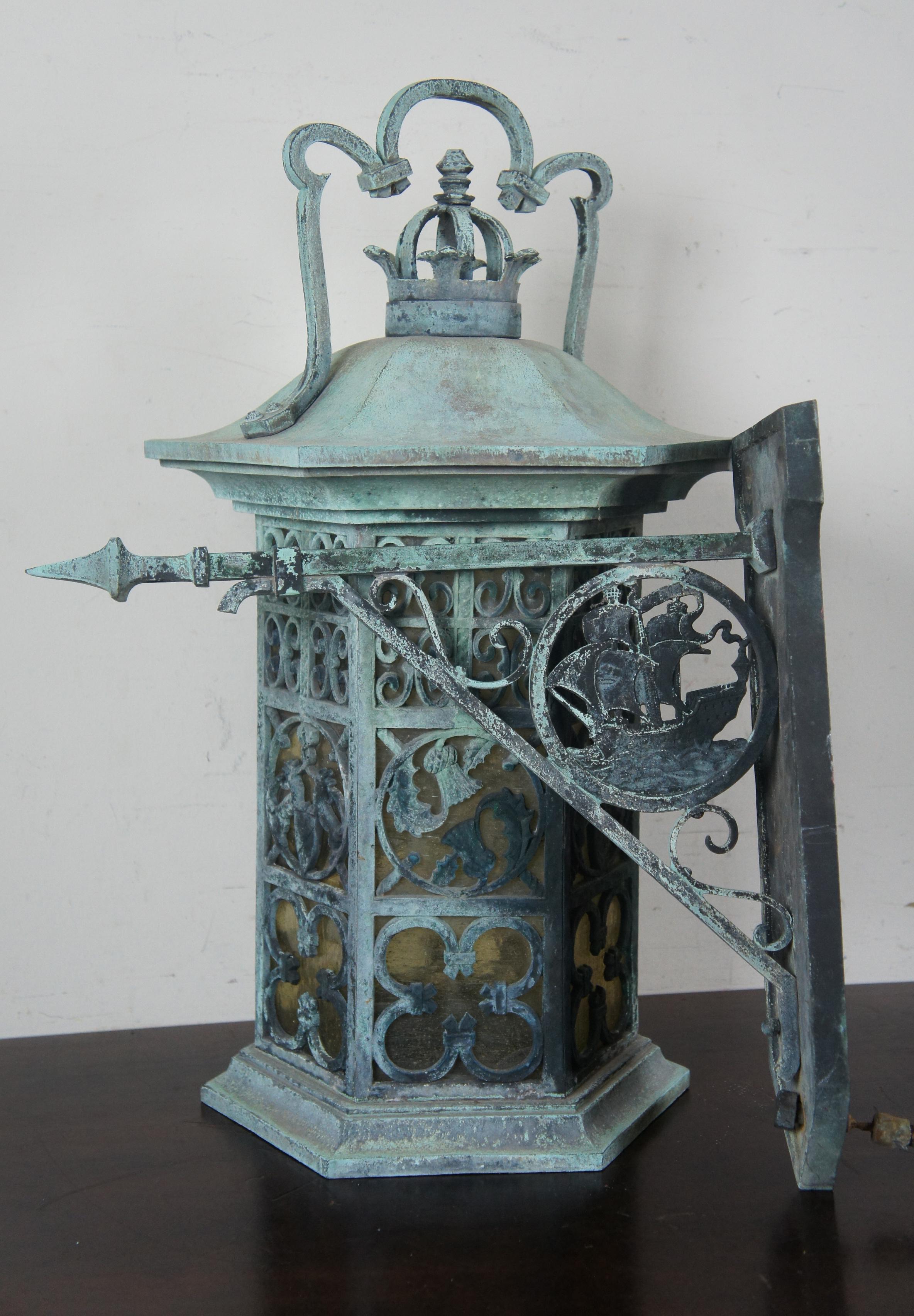 Vintage Verdigris Iron Nautical and Heraldic Carriage Lantern Wall Sconce Light 1