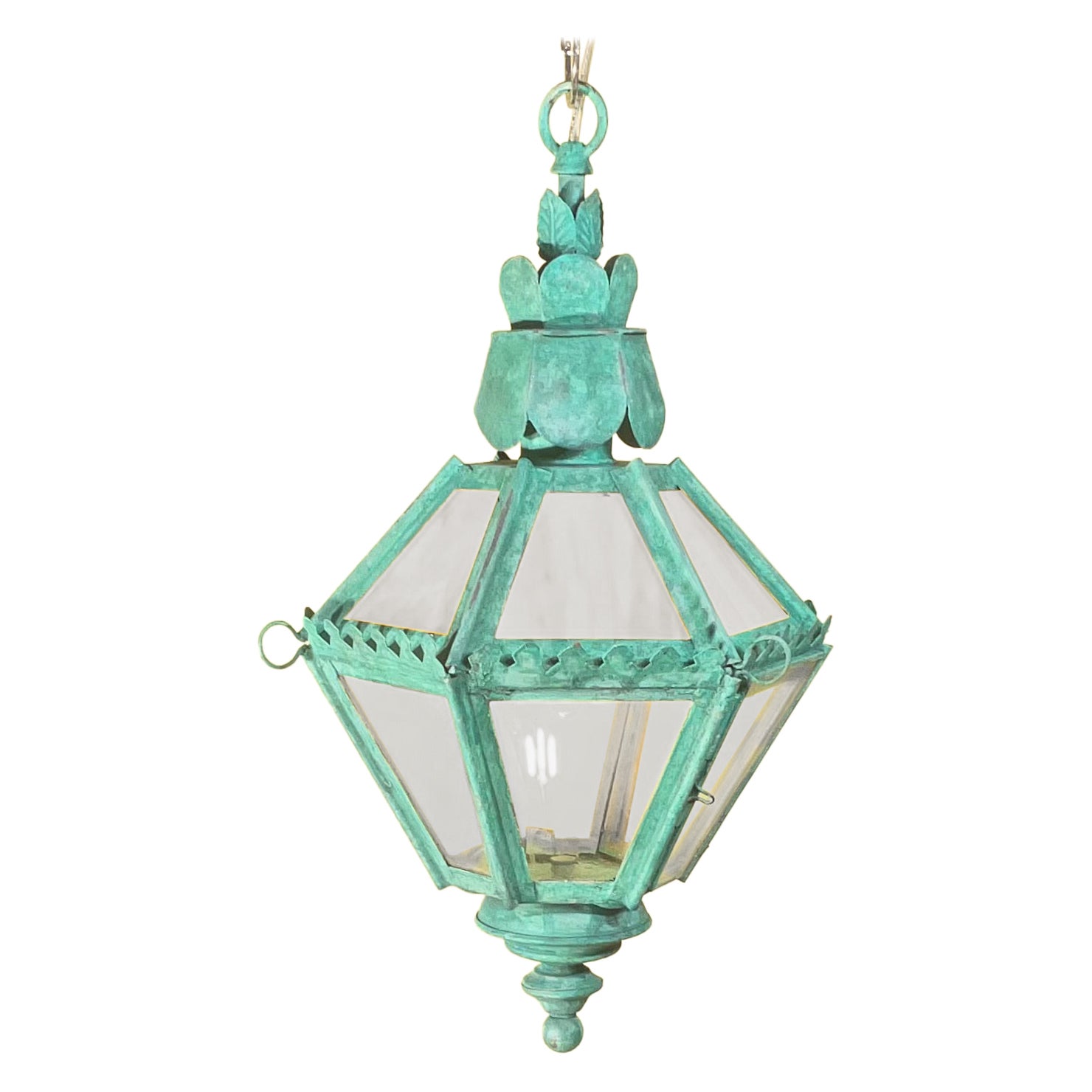 Lanterne Vintage à patine vert-de-gris - Lustre suspendu en verre d'art/ pendentif