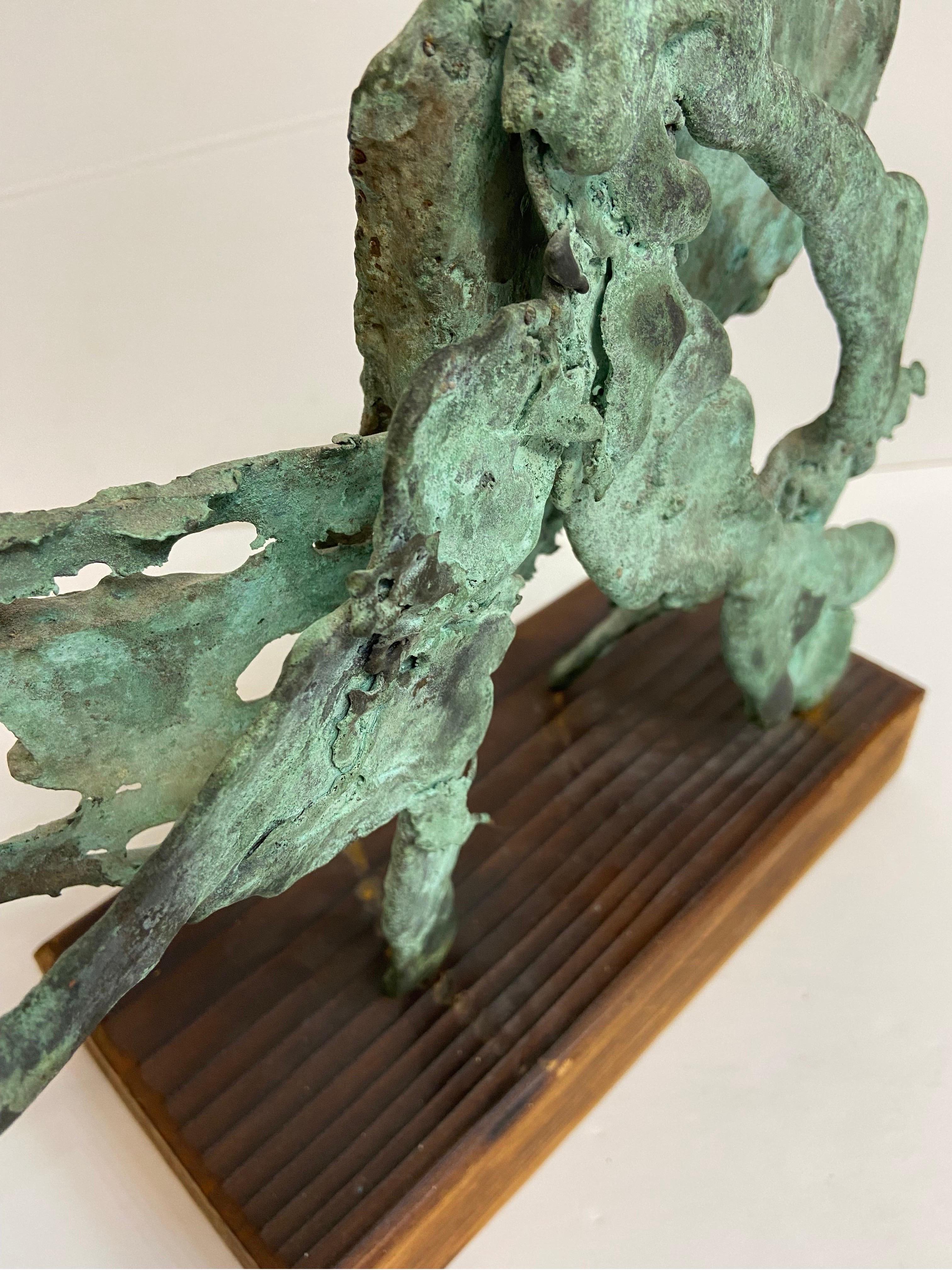 Vintage Verdigris Patina Spill Cast Bronze Brutalist Sculpture on Wood Base 6
