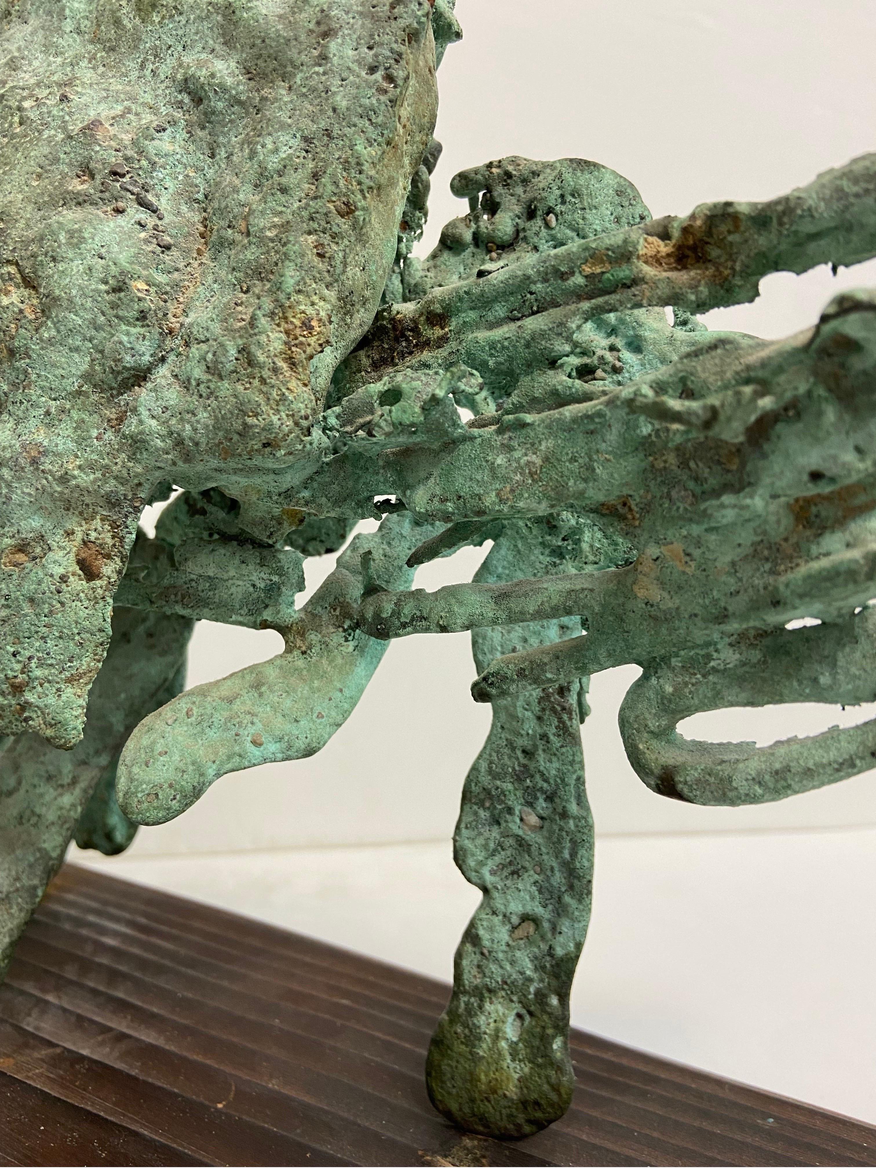 Vintage Verdigris Patina Spill Cast Bronze Brutalist Sculpture on Wood Base 7