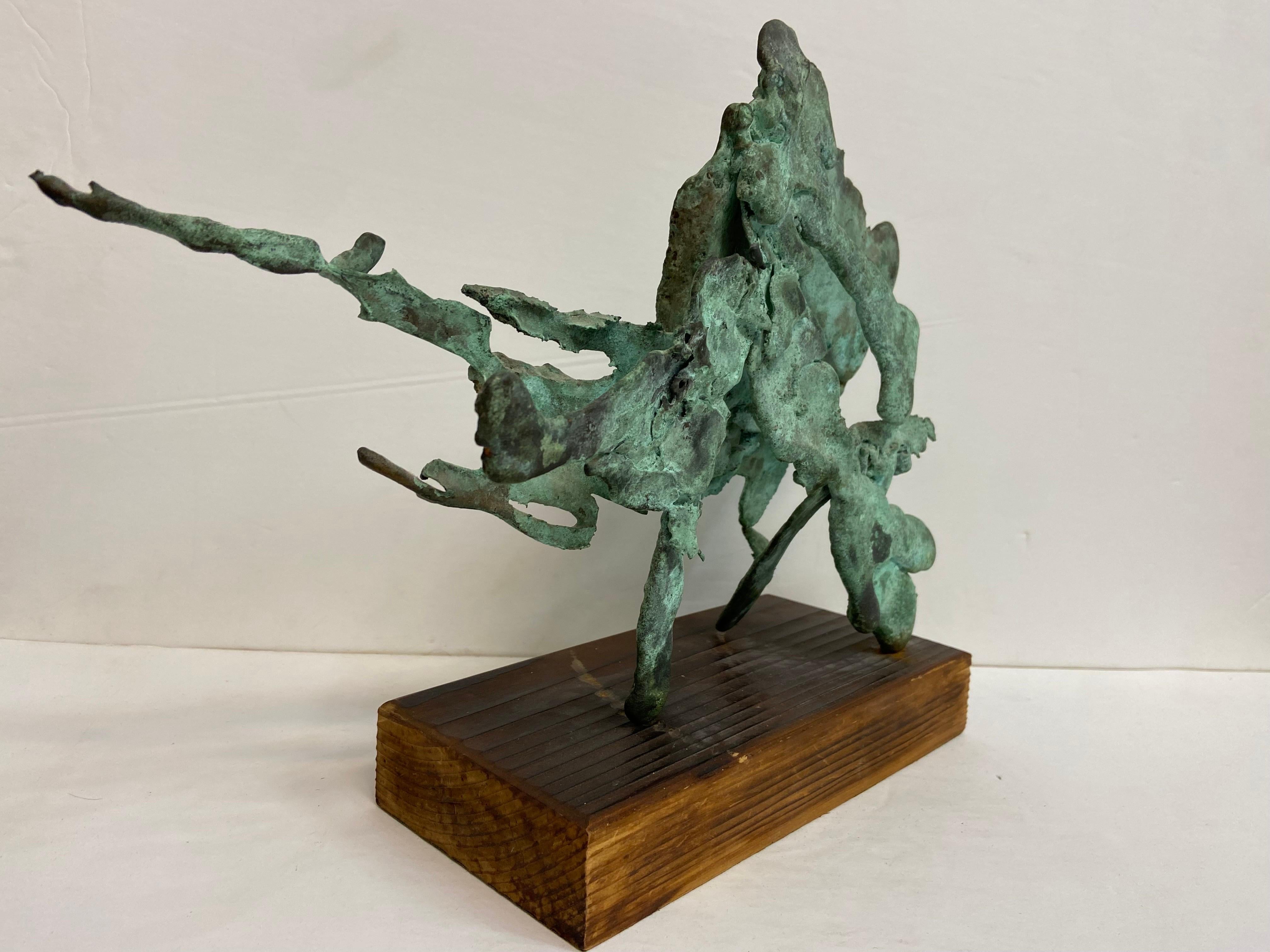 American Vintage Verdigris Patina Spill Cast Bronze Brutalist Sculpture on Wood Base