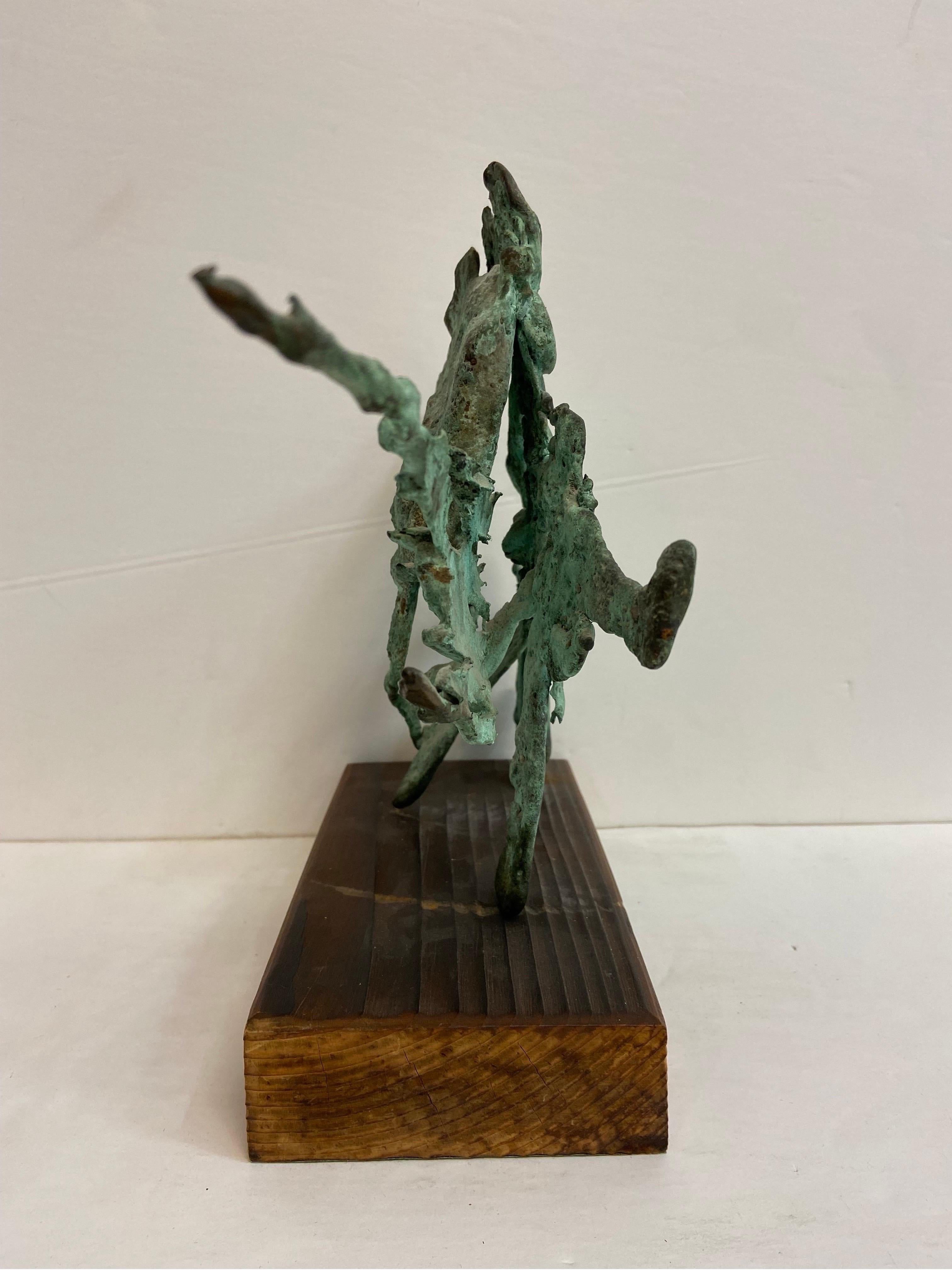 Vintage Verdigris Patina Spill Cast Bronze Brutalist Sculpture on Wood Base In Good Condition In Atlanta, GA
