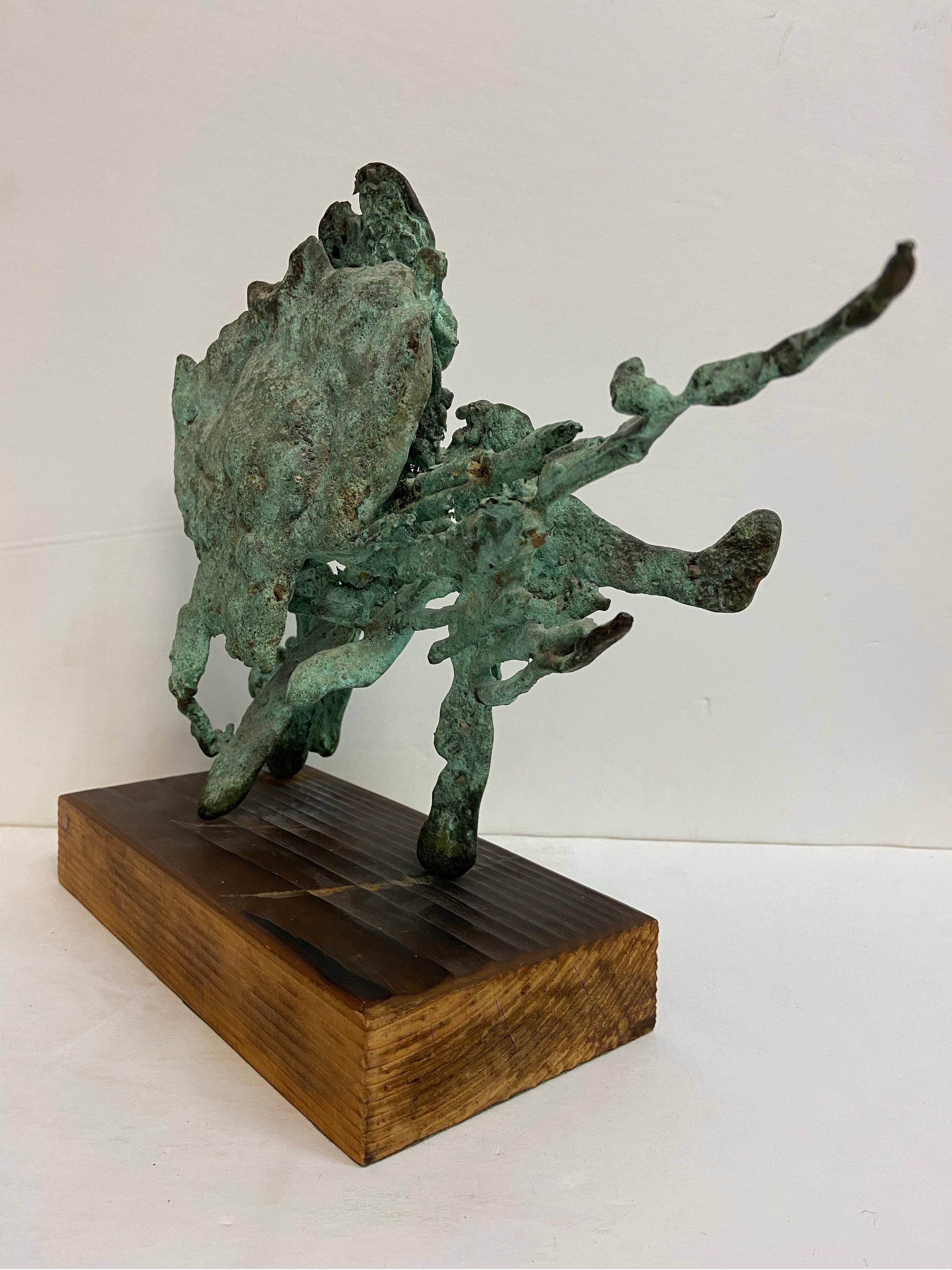20th Century Vintage Verdigris Patina Spill Cast Bronze Brutalist Sculpture on Wood Base