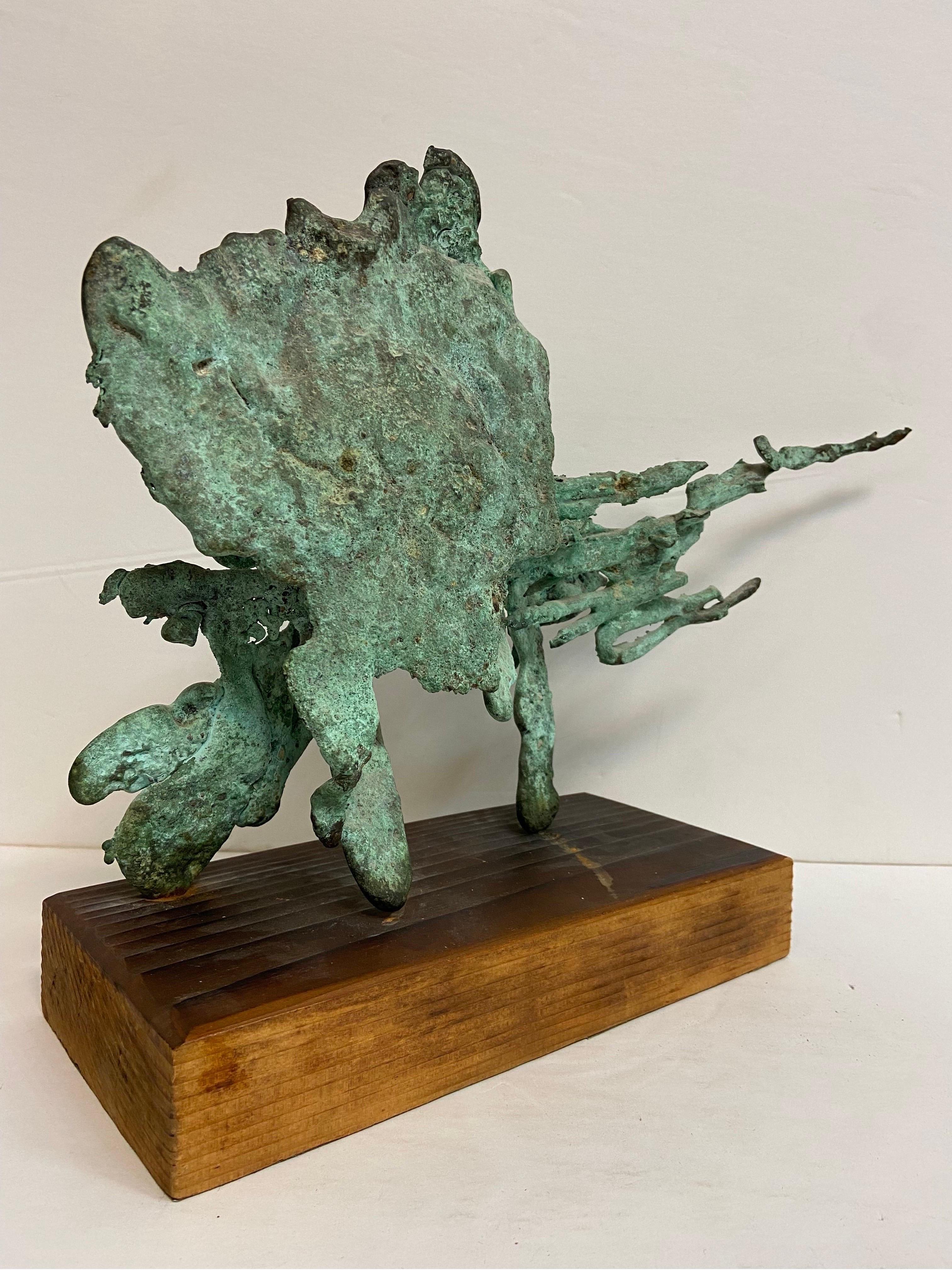 Vintage Verdigris Patina Spill Cast Bronze Brutalist Sculpture on Wood Base 1