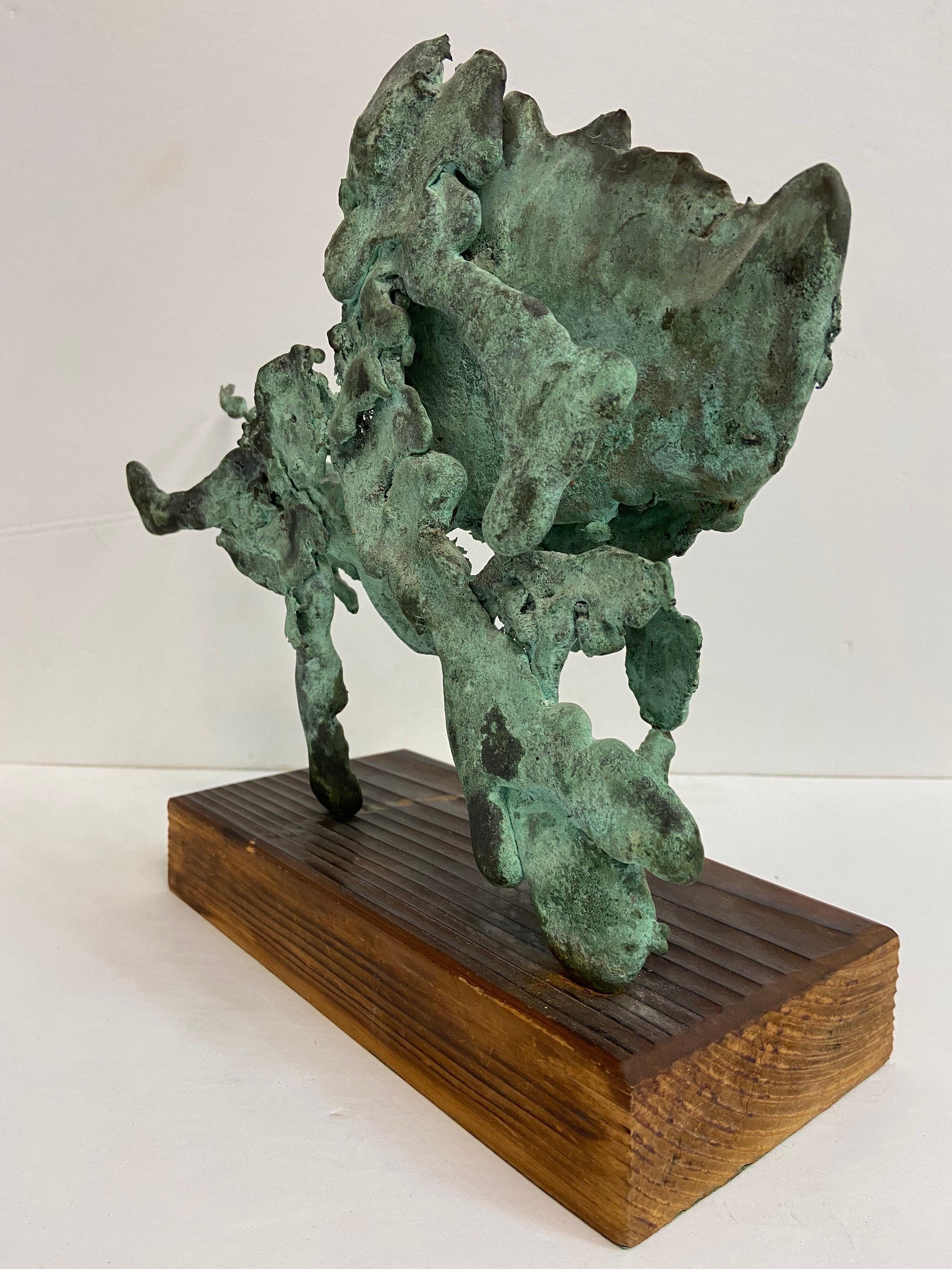 Vintage Verdigris Patina Spill Cast Bronze Brutalist Sculpture on Wood Base 3