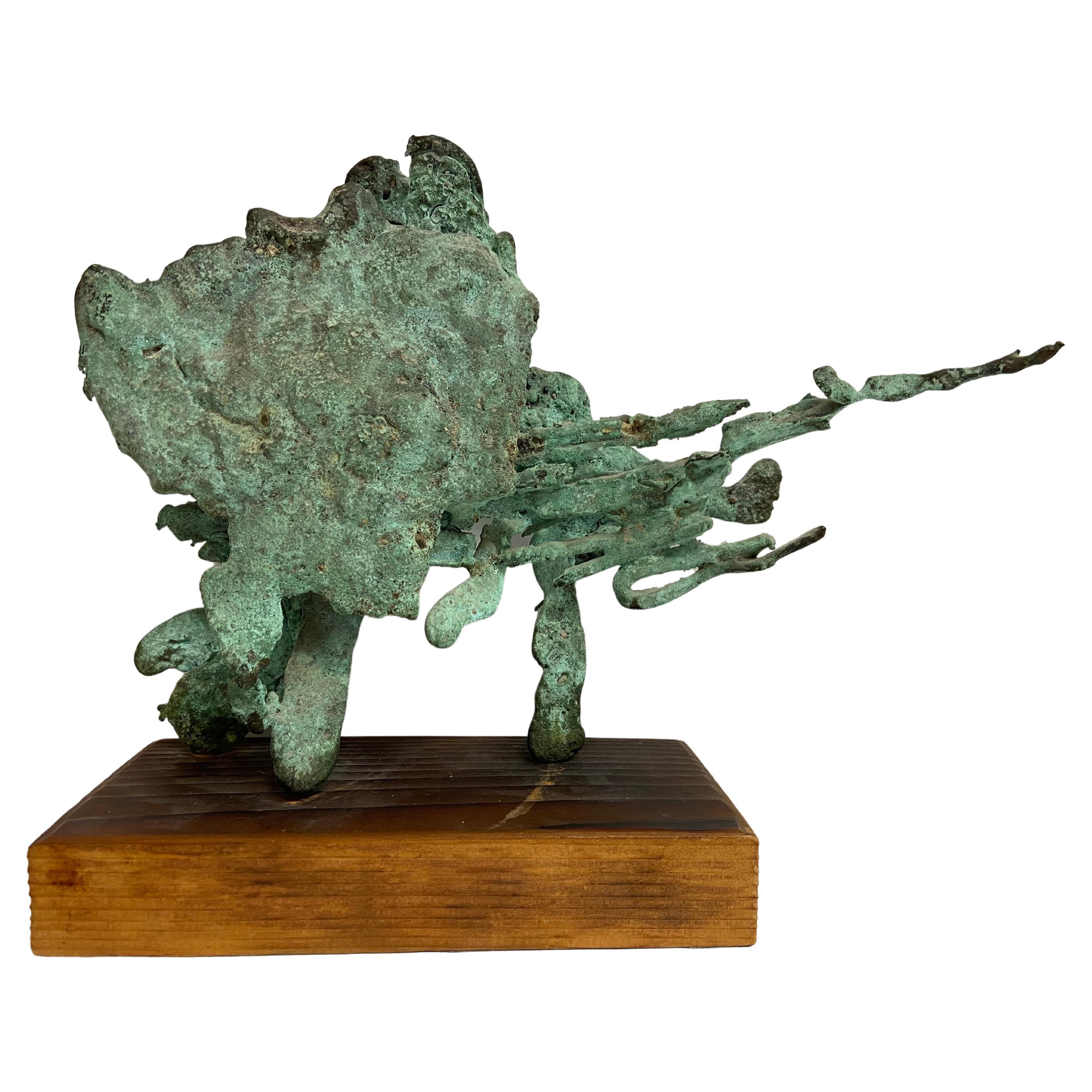 Vintage Verdigris Patina Spill Cast Bronze Brutalist Sculpture on Wood Base