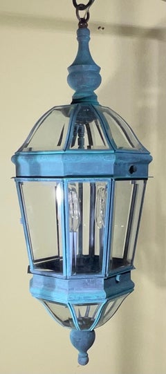 Vintage Verdigris Solid Brass Hexagonal Hanging Lantern – 29”x 11”