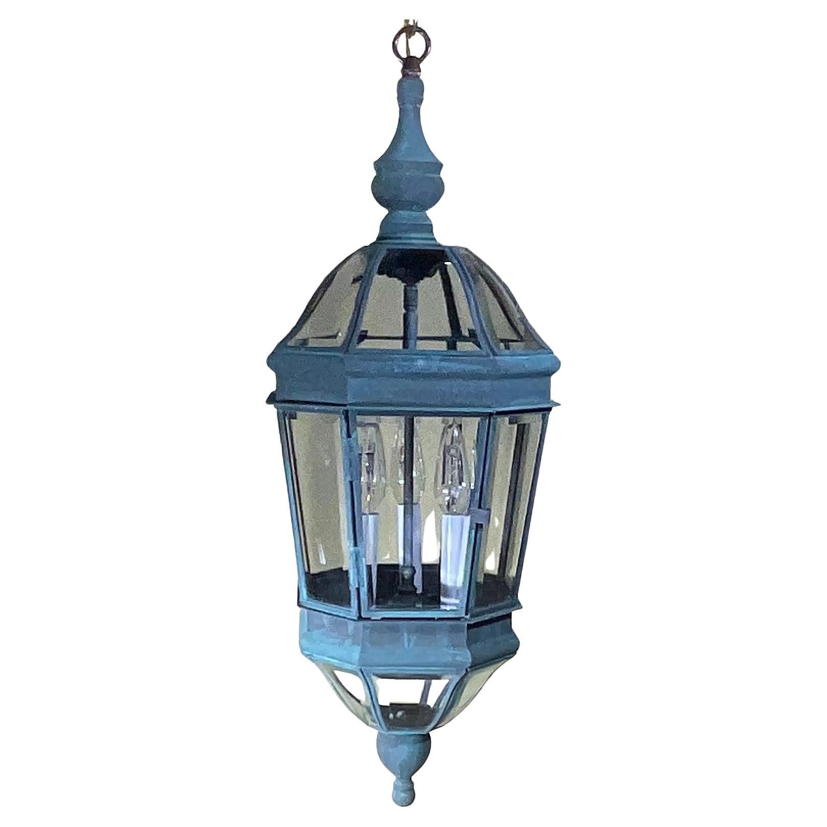 Vintage Verdigris Solid Brass Hexagonal Hanging Lantern – 29”x 11” For Sale