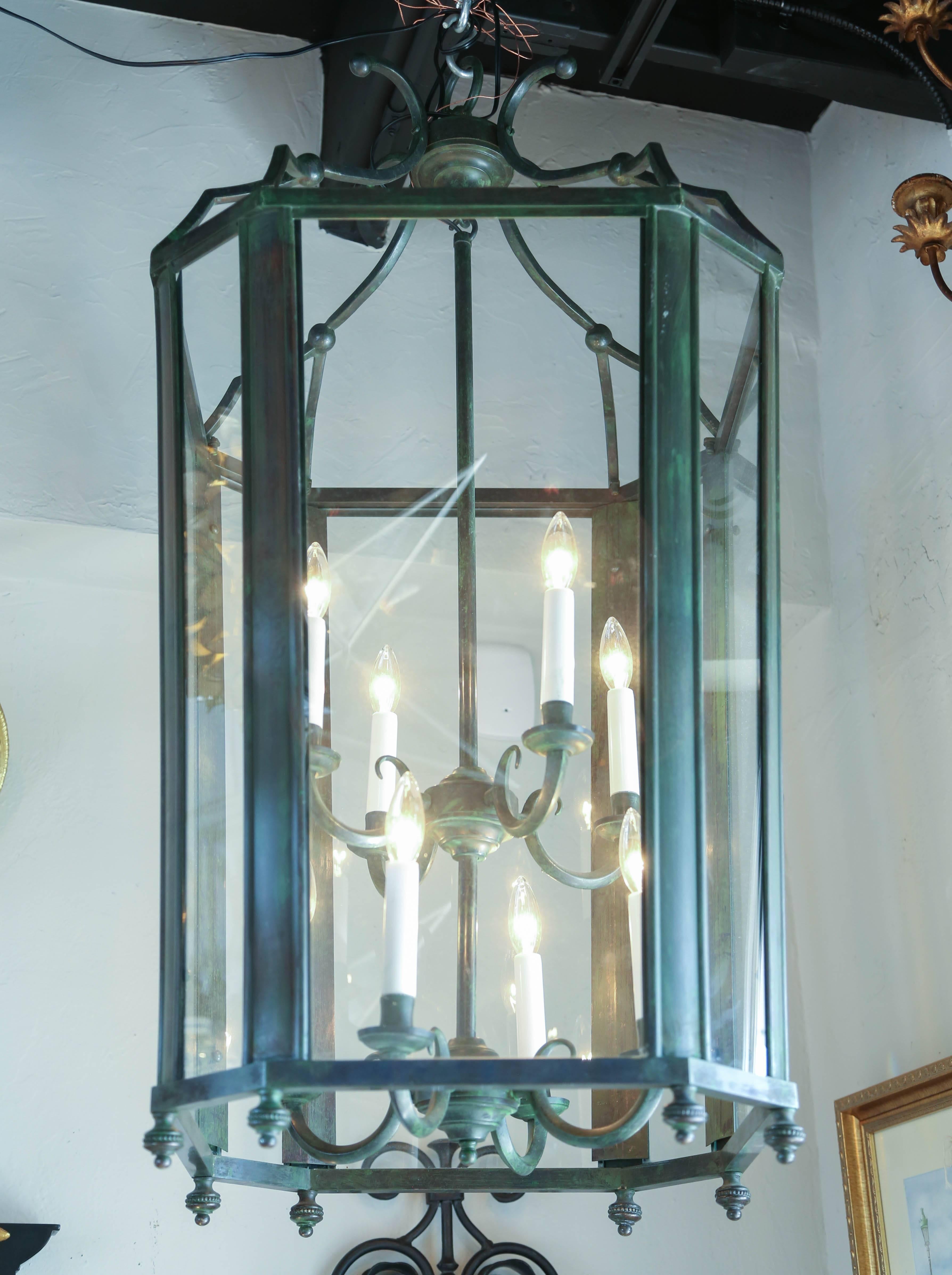 Verdigris finish solid brass large Italian lantern with two tiers and eight lights.